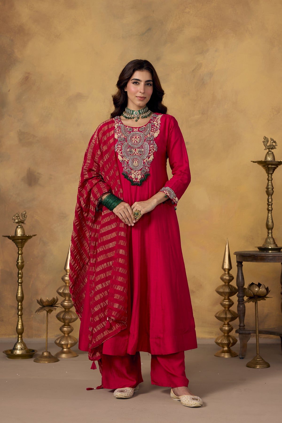 Dark Pink Embellished Raw Silk Pant Set