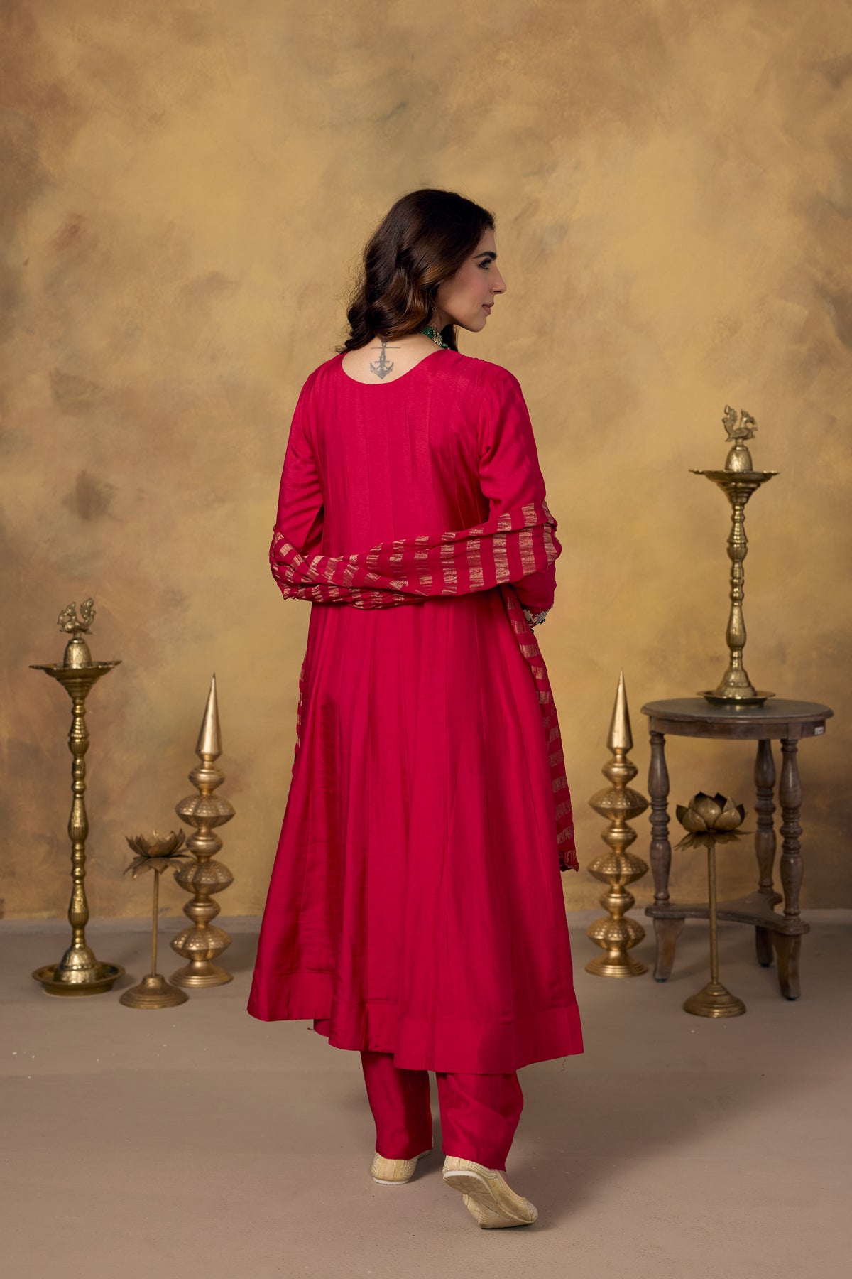 Dark Pink Embellished Raw Silk Pant Set