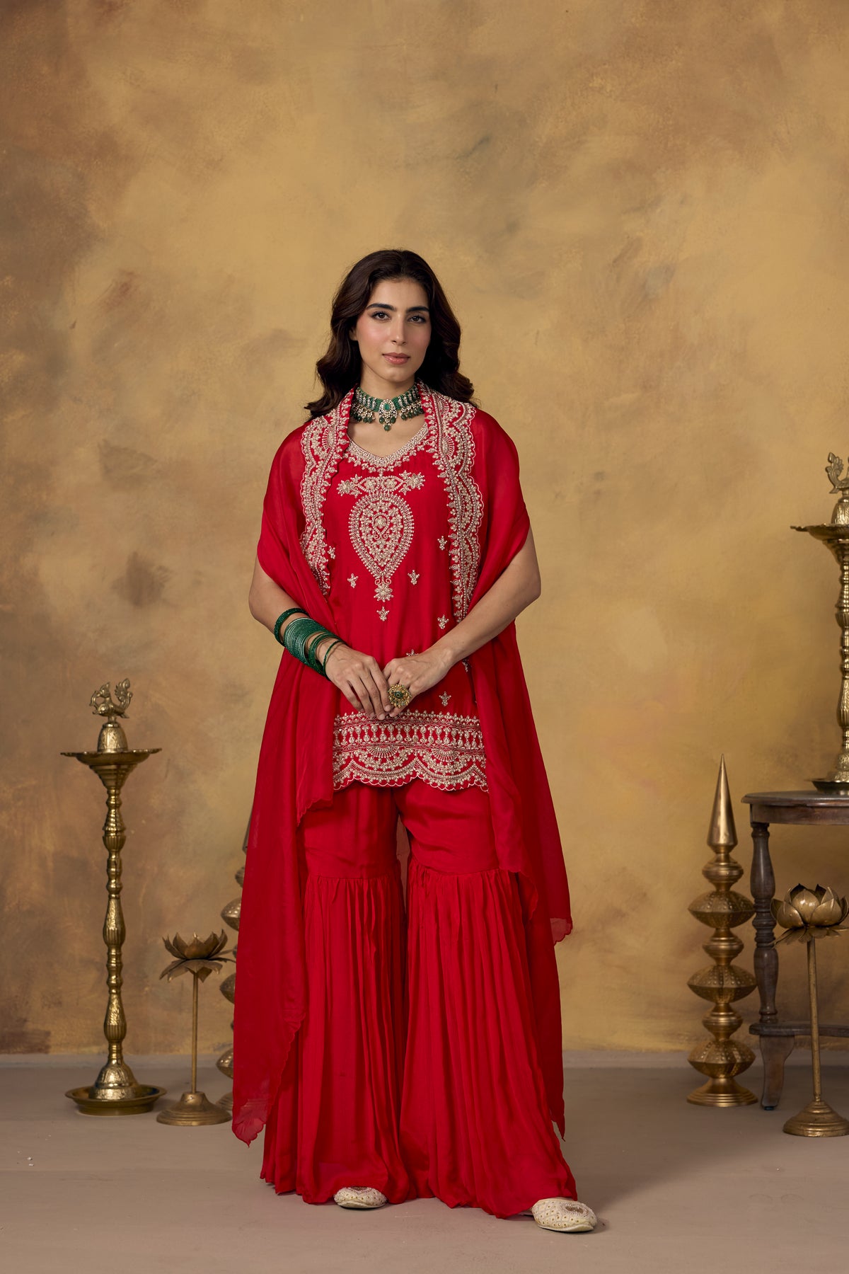 Vermilion Red Embellished Organza Silk Sharara Set