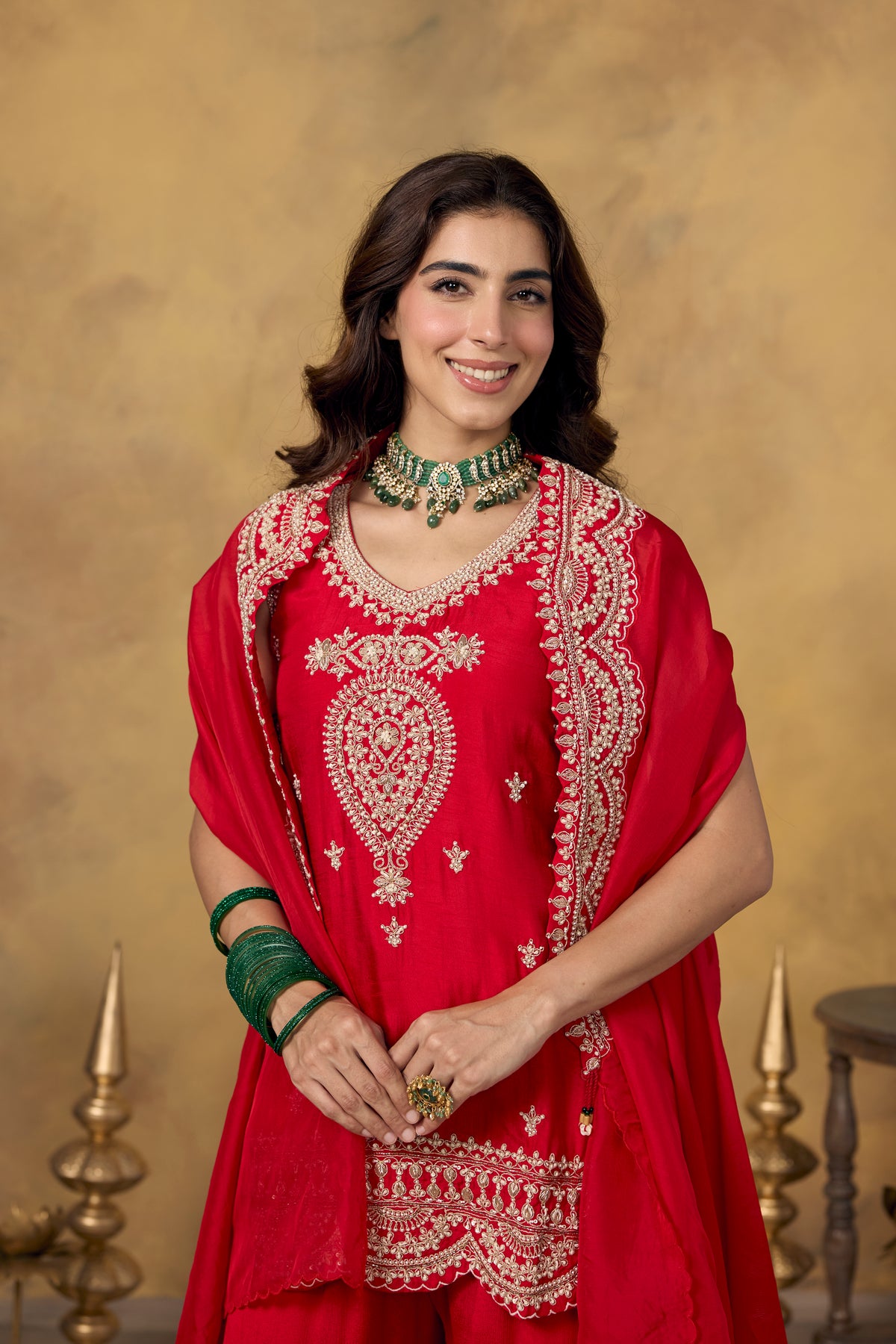 Vermilion Red Embellished Organza Silk Sharara Set