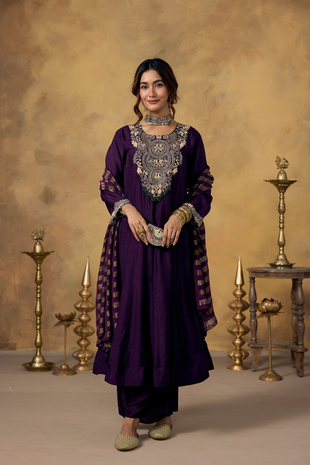 Midnight Purple Embellished Raw Silk Pant Set