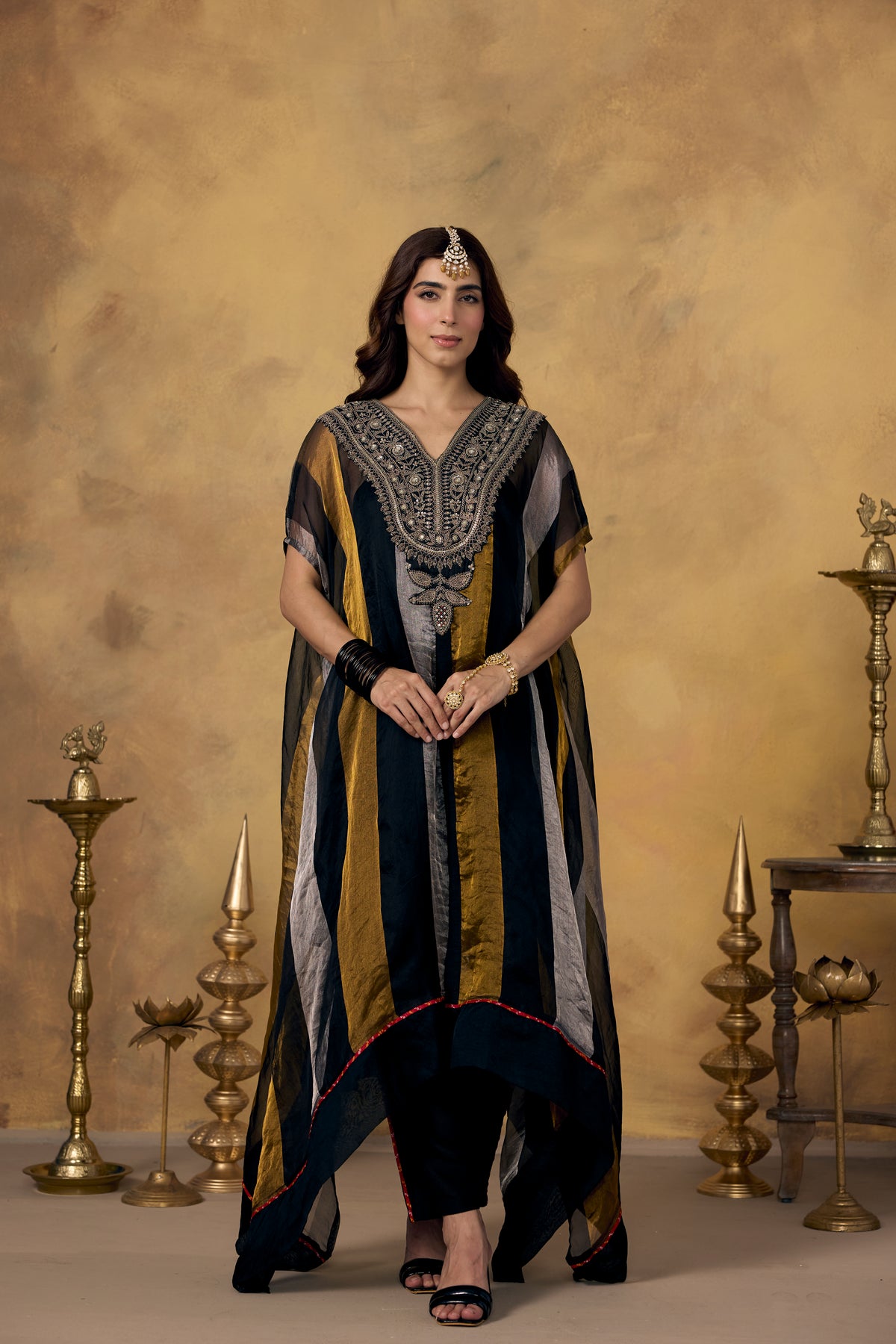 Onyx Metallic Gold Embellished Organza Silk Kaftan Set