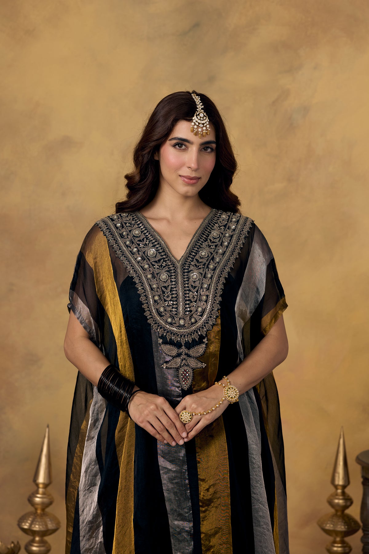 Onyx Metallic Gold Embellished Organza Silk Kaftan Set
