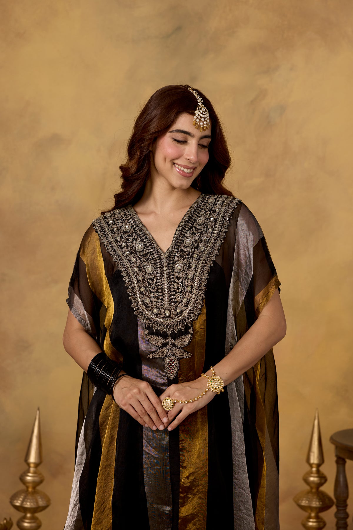 Onyx Metallic Gold Embellished Organza Silk Kaftan Set