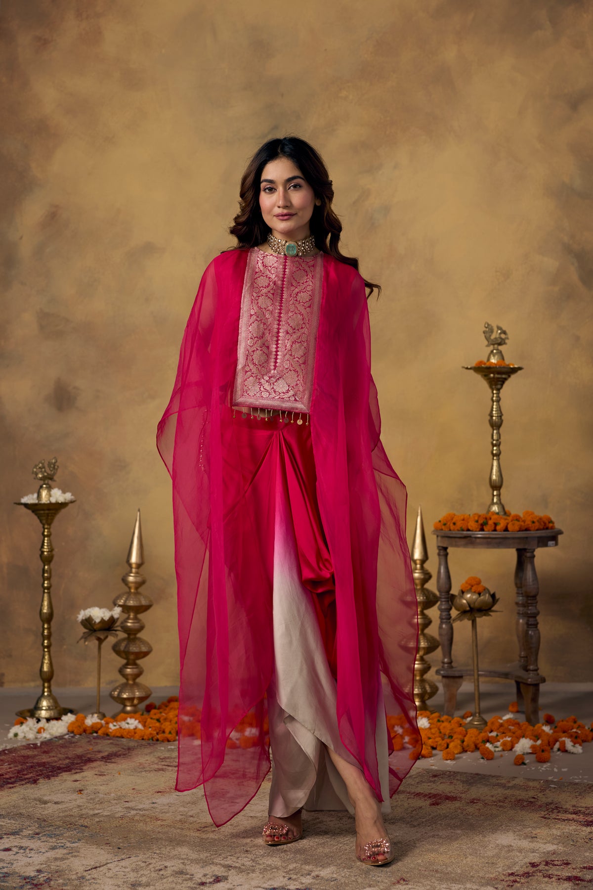 Rich Pink Embellished Organza Silk Kaftan Set