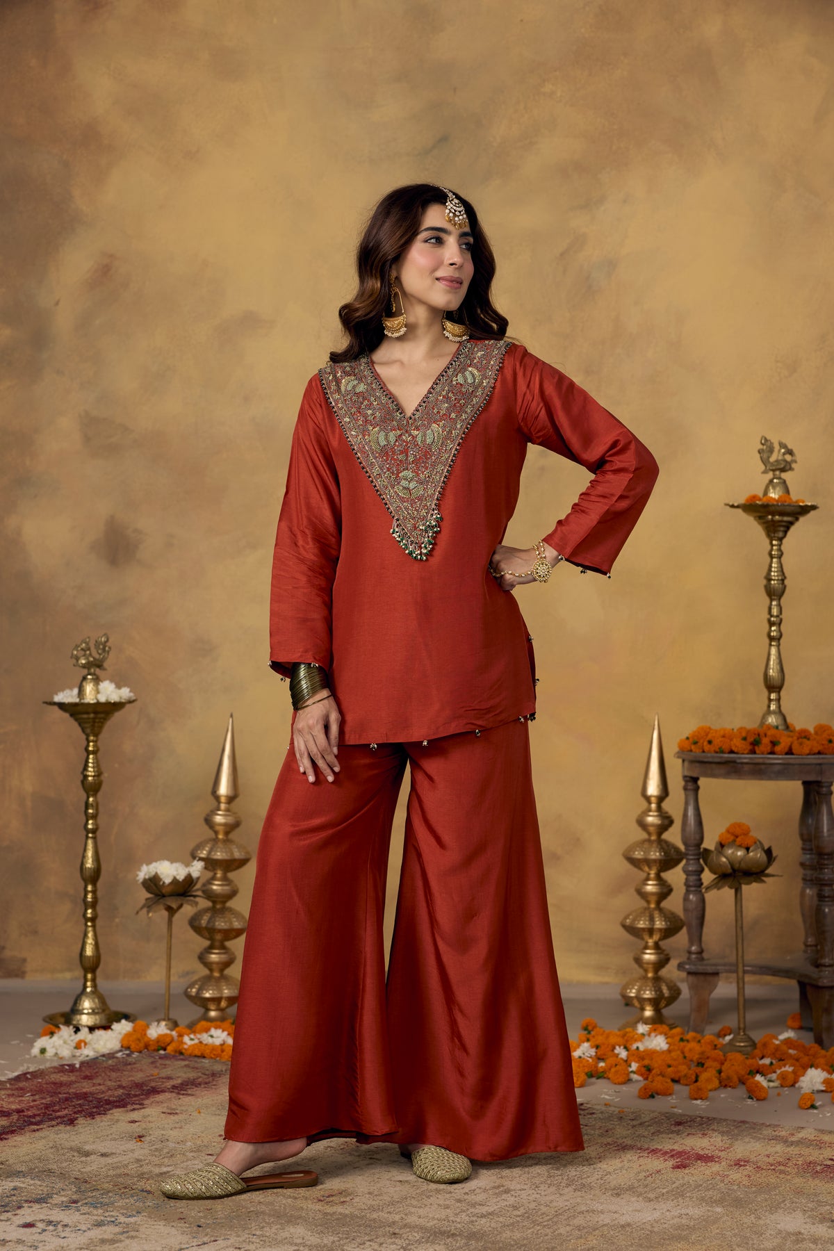 Orange Terracota Embellished Raw Silk Palazzo Set