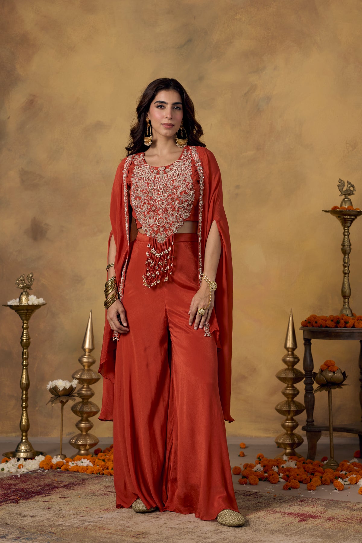 Rust Orange Embellished Chinon Silk Palazzo Set