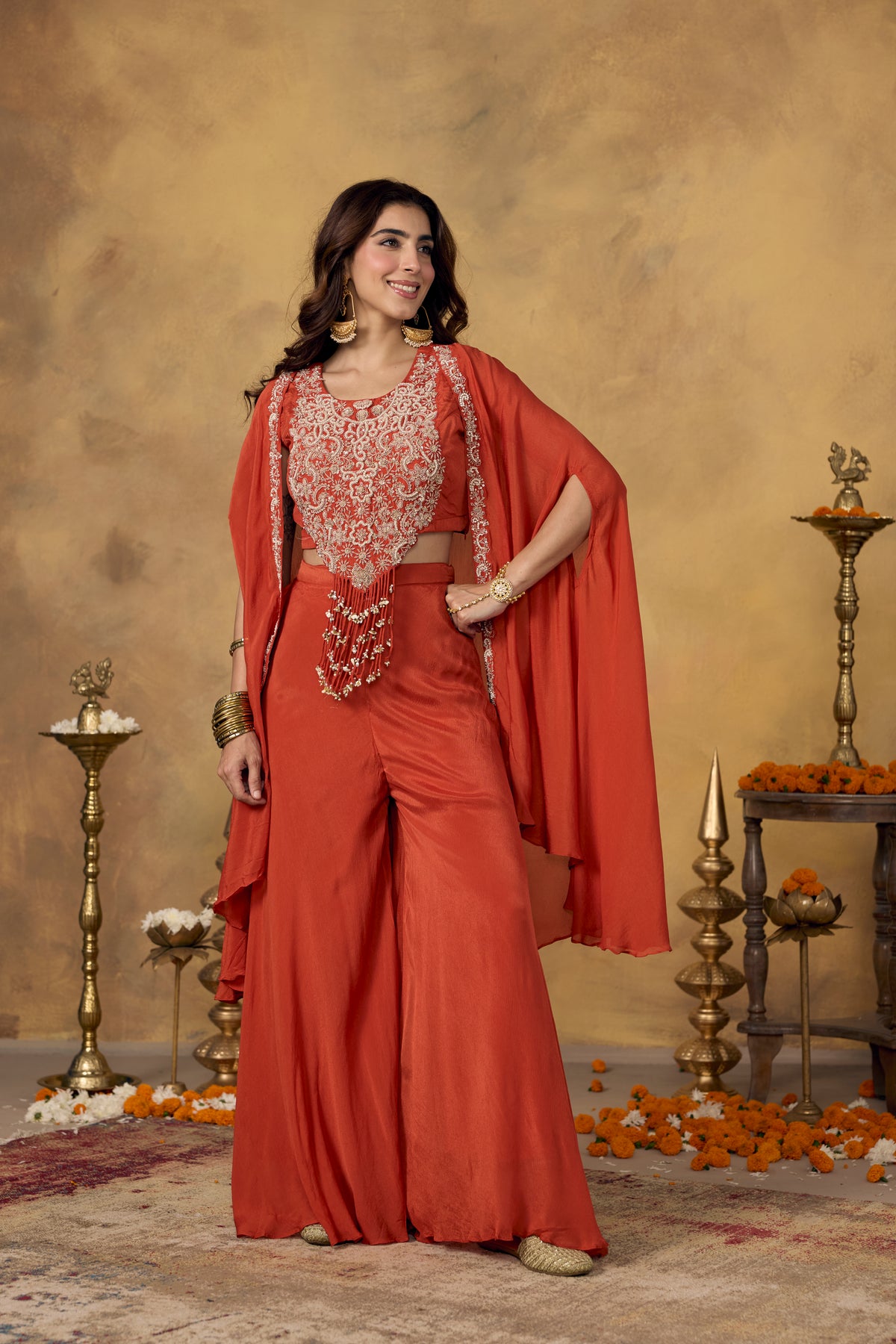 Rust Orange Embellished Chinon Silk Palazzo Set