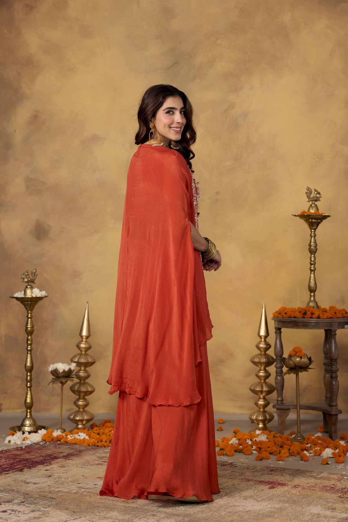 Rust Orange Embellished Chinon Silk Palazzo Set