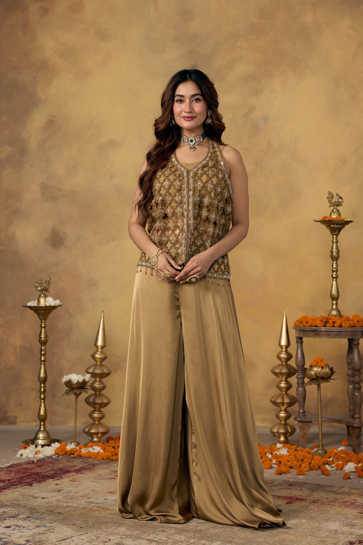 Gold Champagne Embellished Satin Silk Palazzo Set
