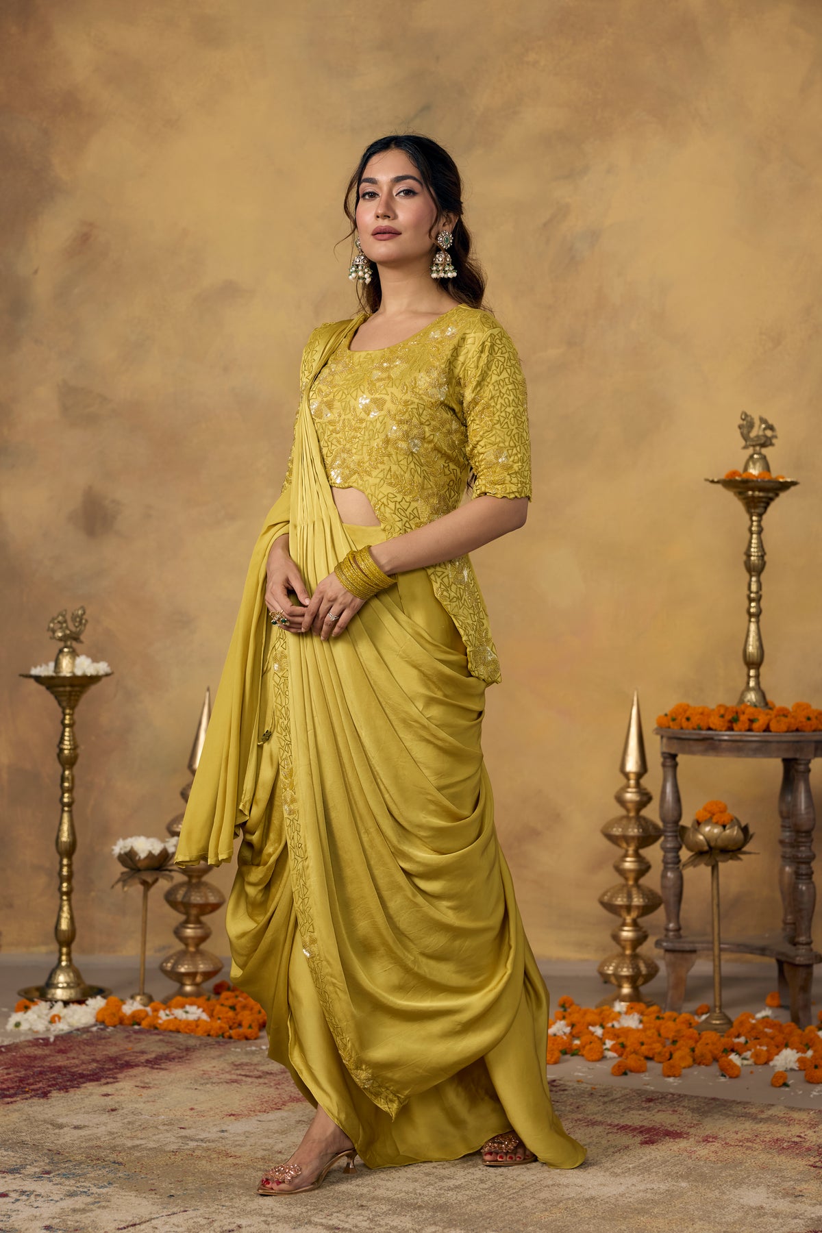 Muted Yellow Embellished Crepe Satin Silk Pre-Draped Saree