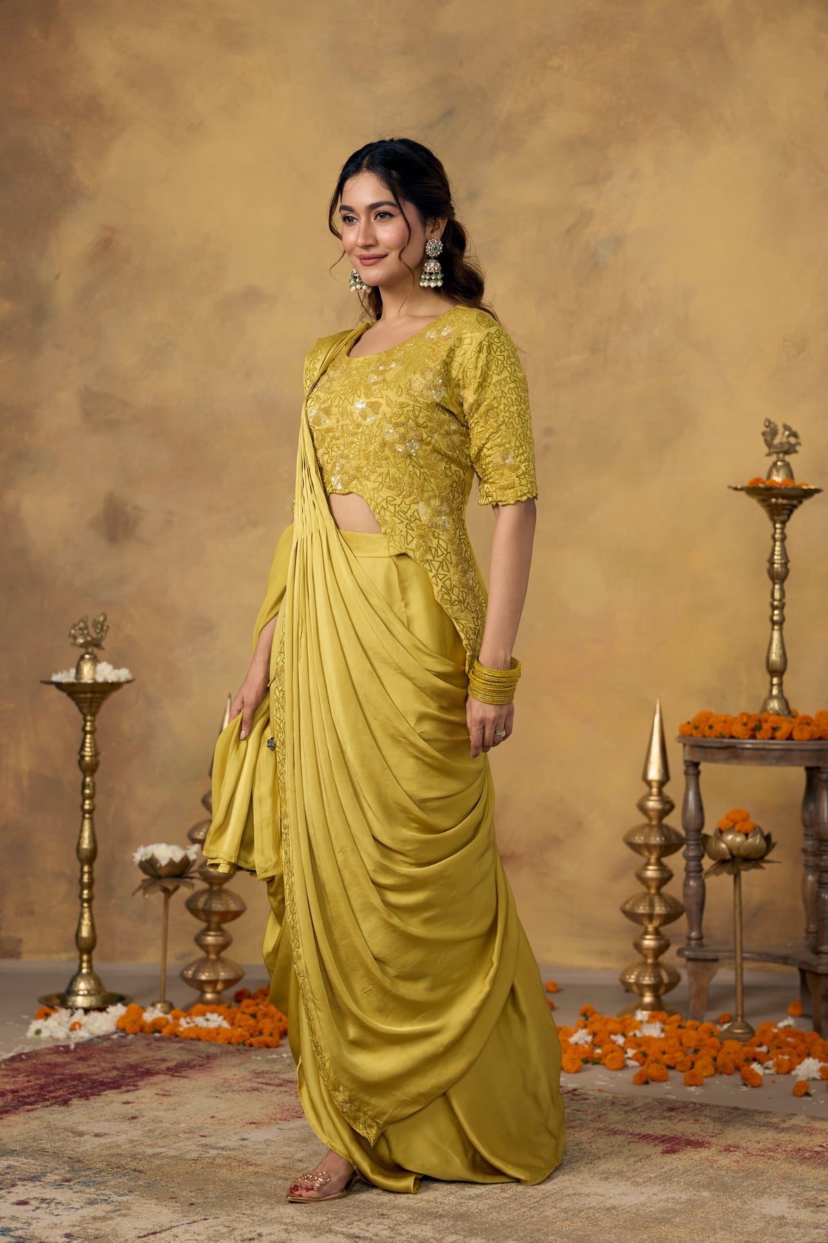 Muted Yellow Embellished Crepe Satin Silk Pre-Draped Saree