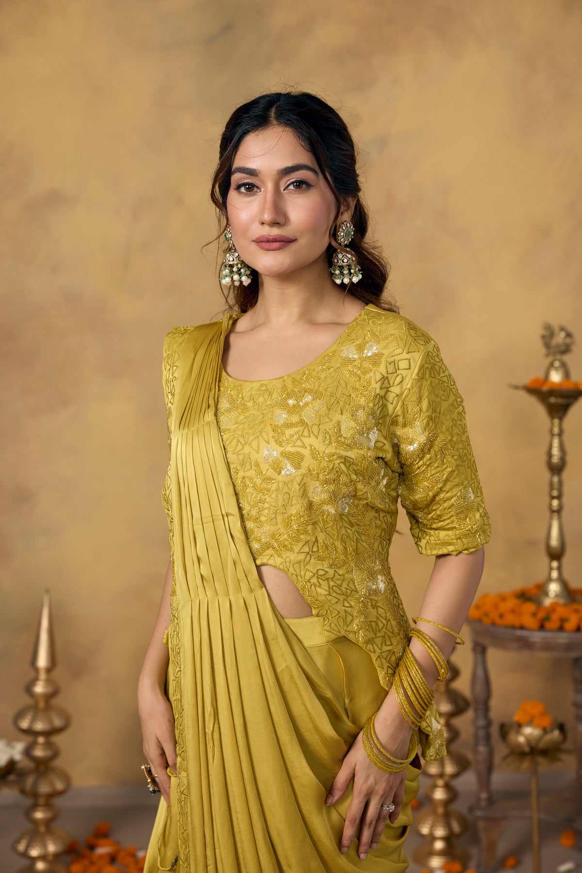 Muted Yellow Embellished Crepe Satin Silk Pre-Draped Saree