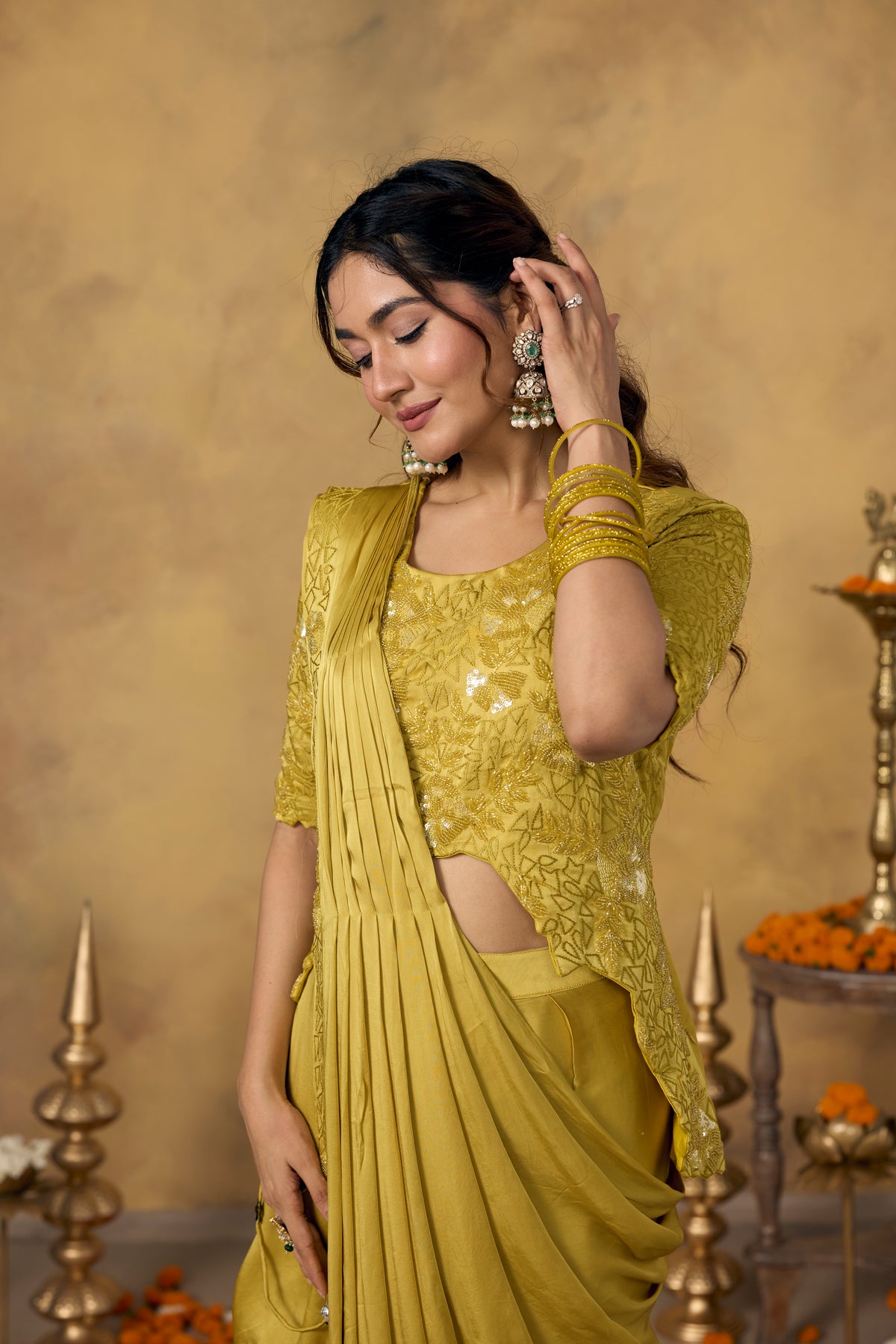 Muted Yellow Embellished Crepe Satin Silk Pre-Draped Saree