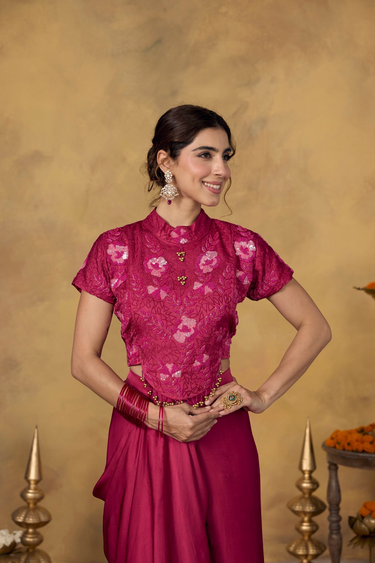 Fuchsia Pink Embellished Satin Silk Draped Skirt Set