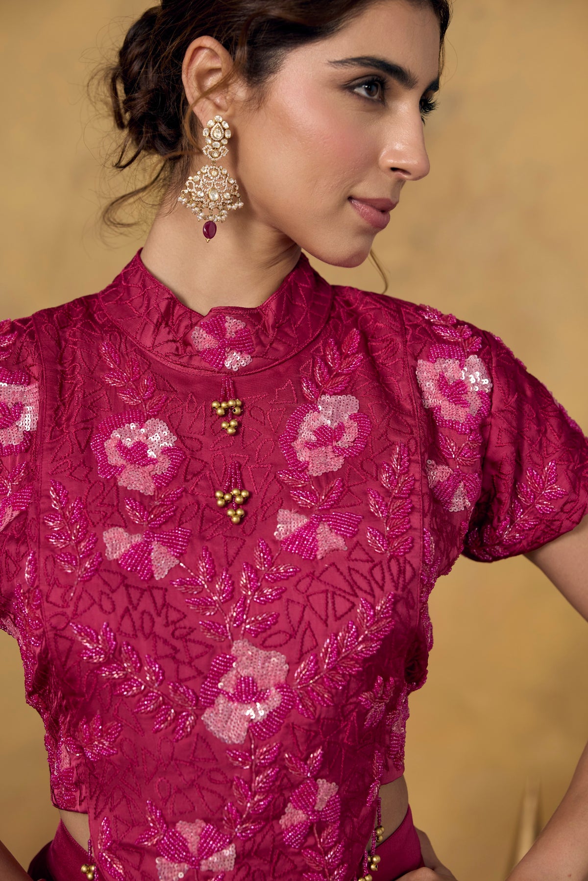 Fuchsia Pink Embellished Satin Silk Draped Skirt Set