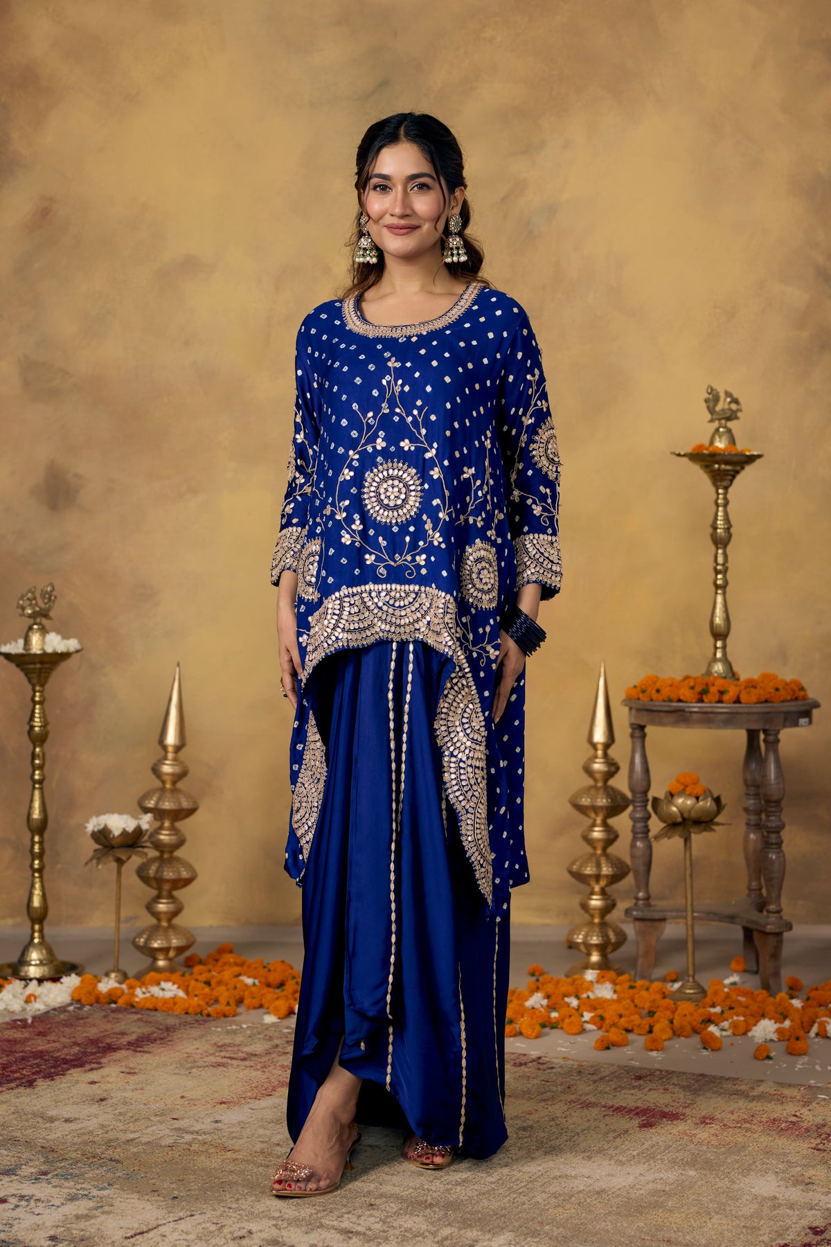 Deep Cobalt Blue Embellished Satin Silk Skirt Set
