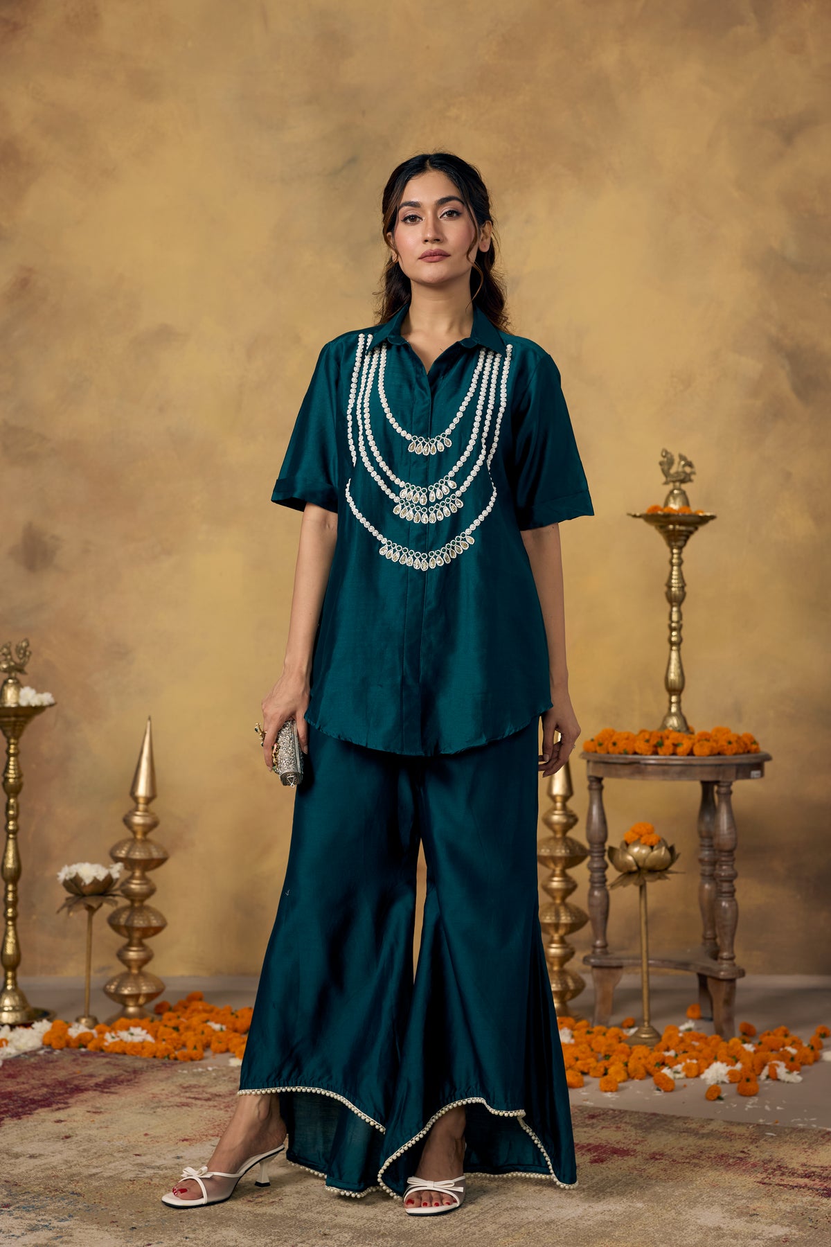 Deep Teal Embellished Mul Silk Co-Ord Set