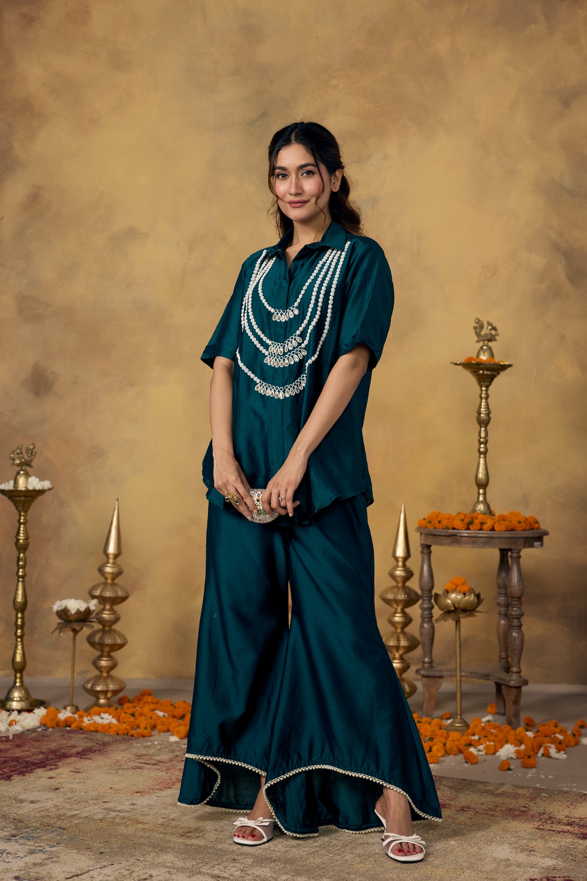 Deep Teal Embellished Mul Silk Co-Ord Set