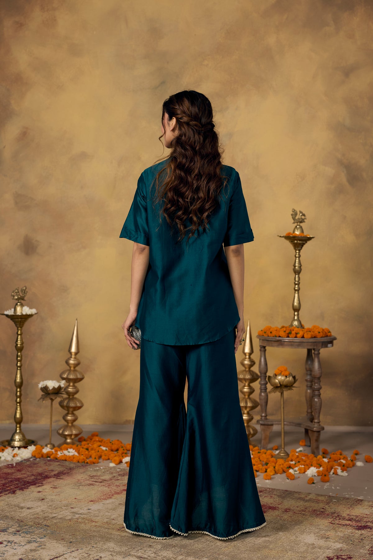 Deep Teal Embellished Mul Silk Co-Ord Set