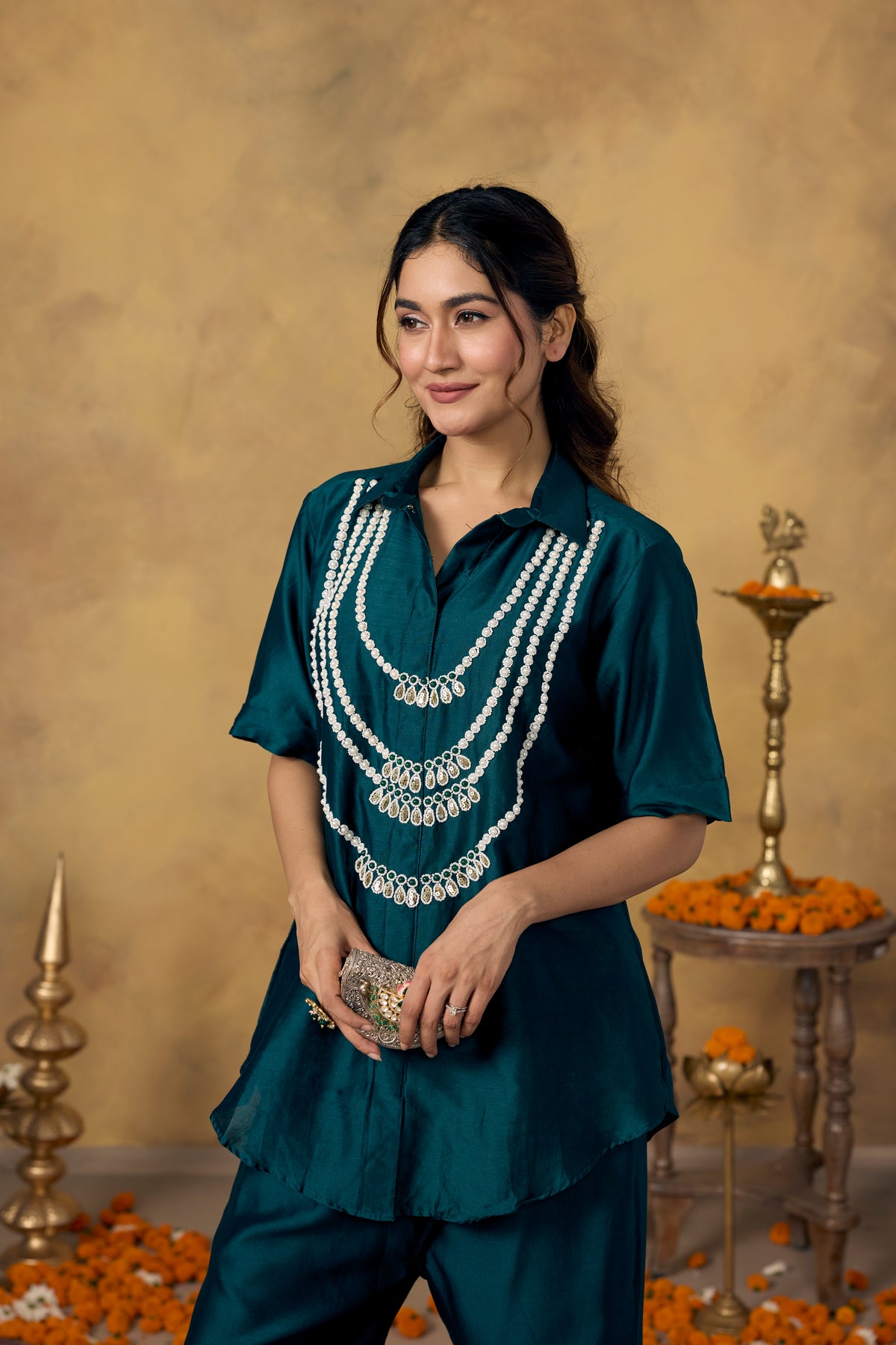 Deep Teal Embellished Mul Silk Co-Ord Set