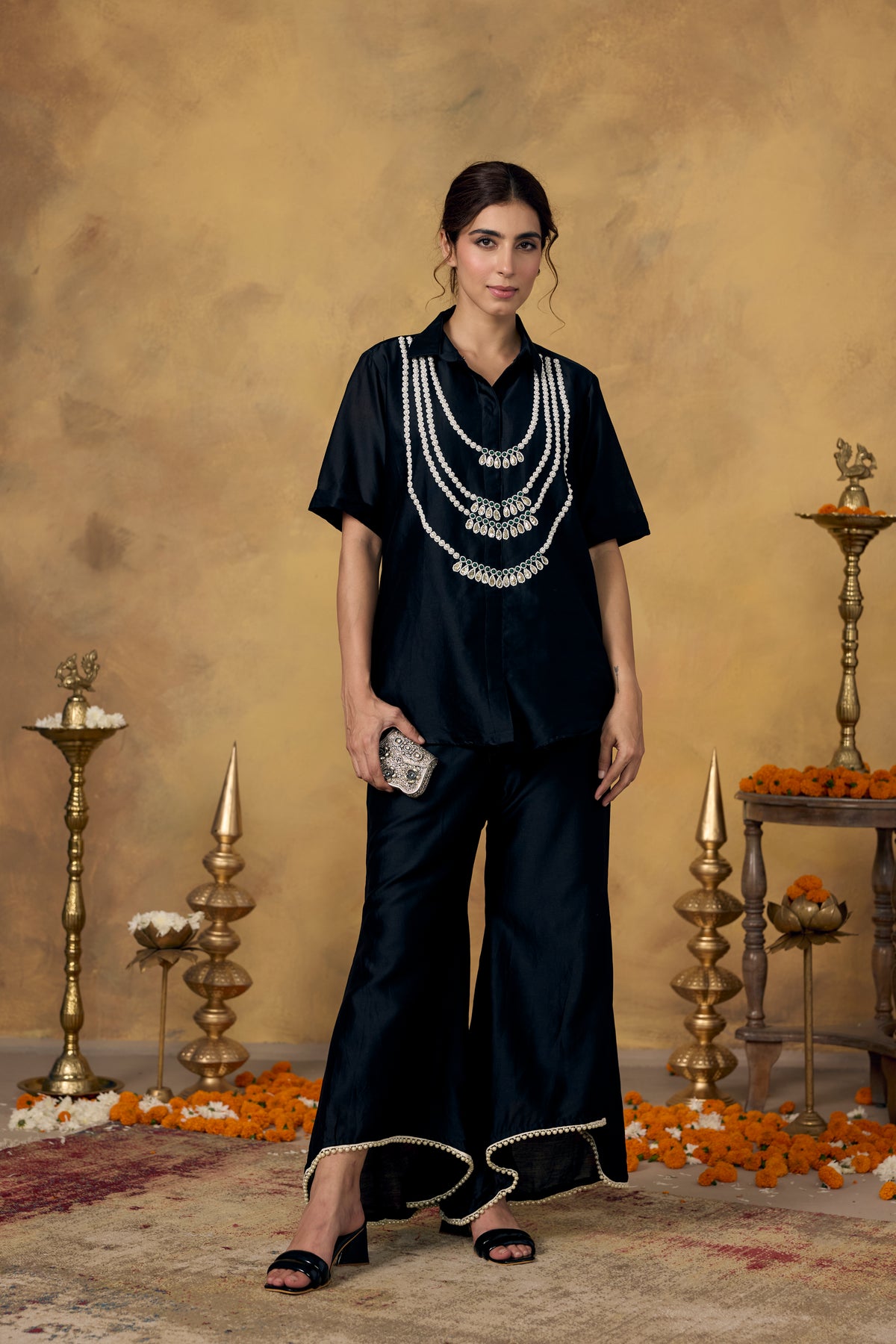 Midnight Black Embellished Mul Silk Co-Ord Set