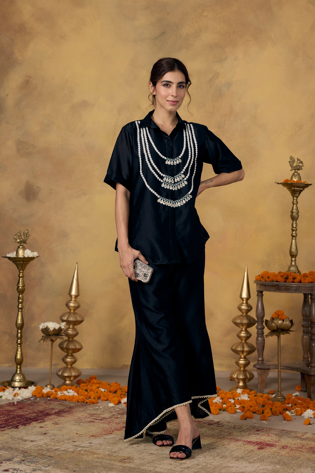 Midnight Black Embellished Mul Silk Co-Ord Set