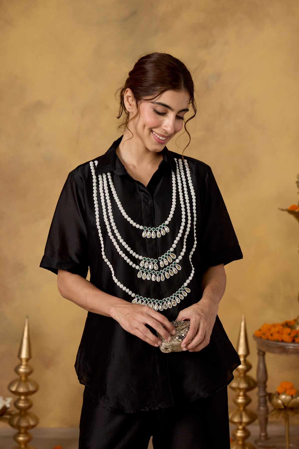 Midnight Black Embellished Mul Silk Co-Ord Set