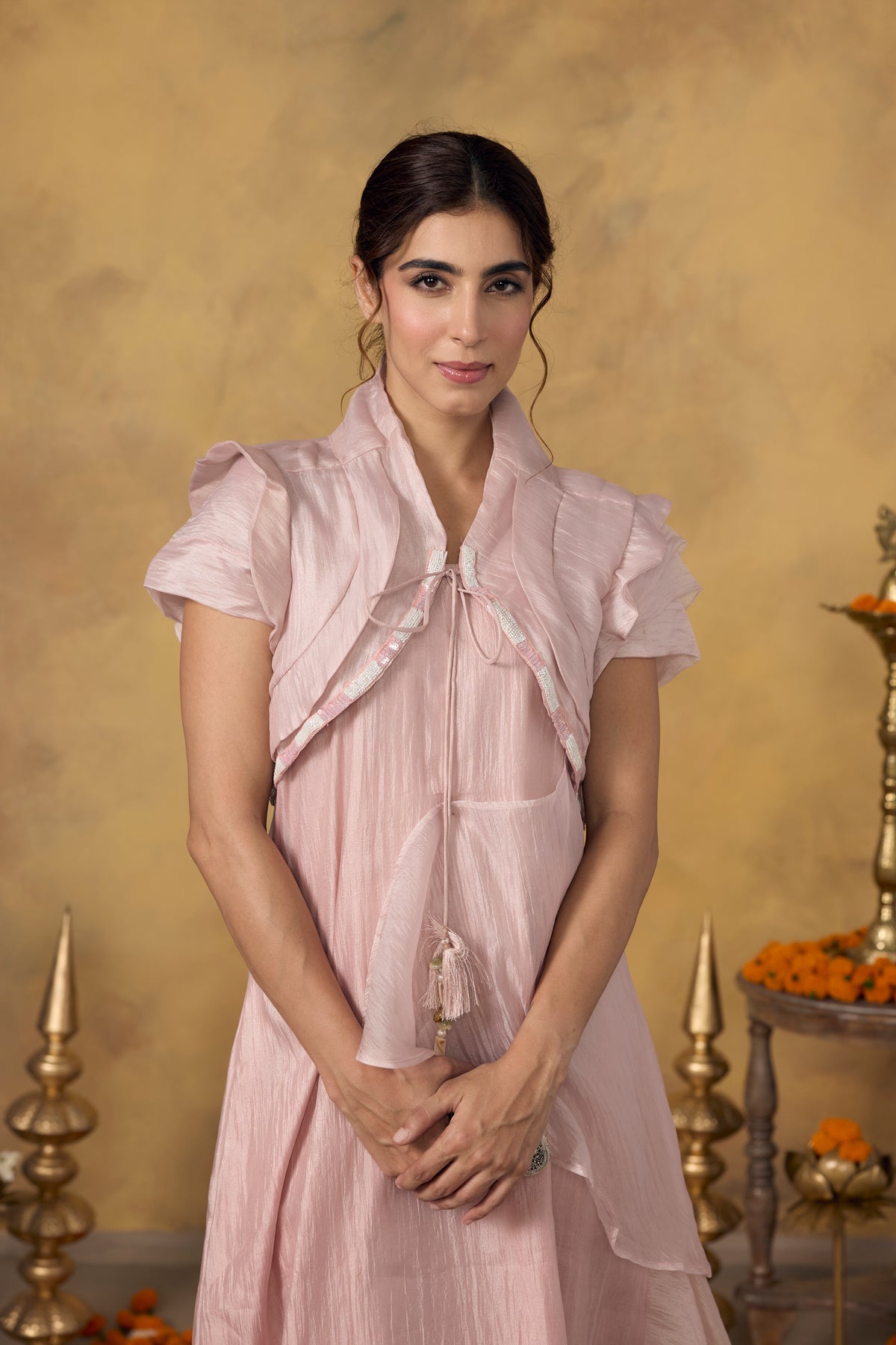 Dusty Pink Embellished Shimmer Tissue Silk Dress