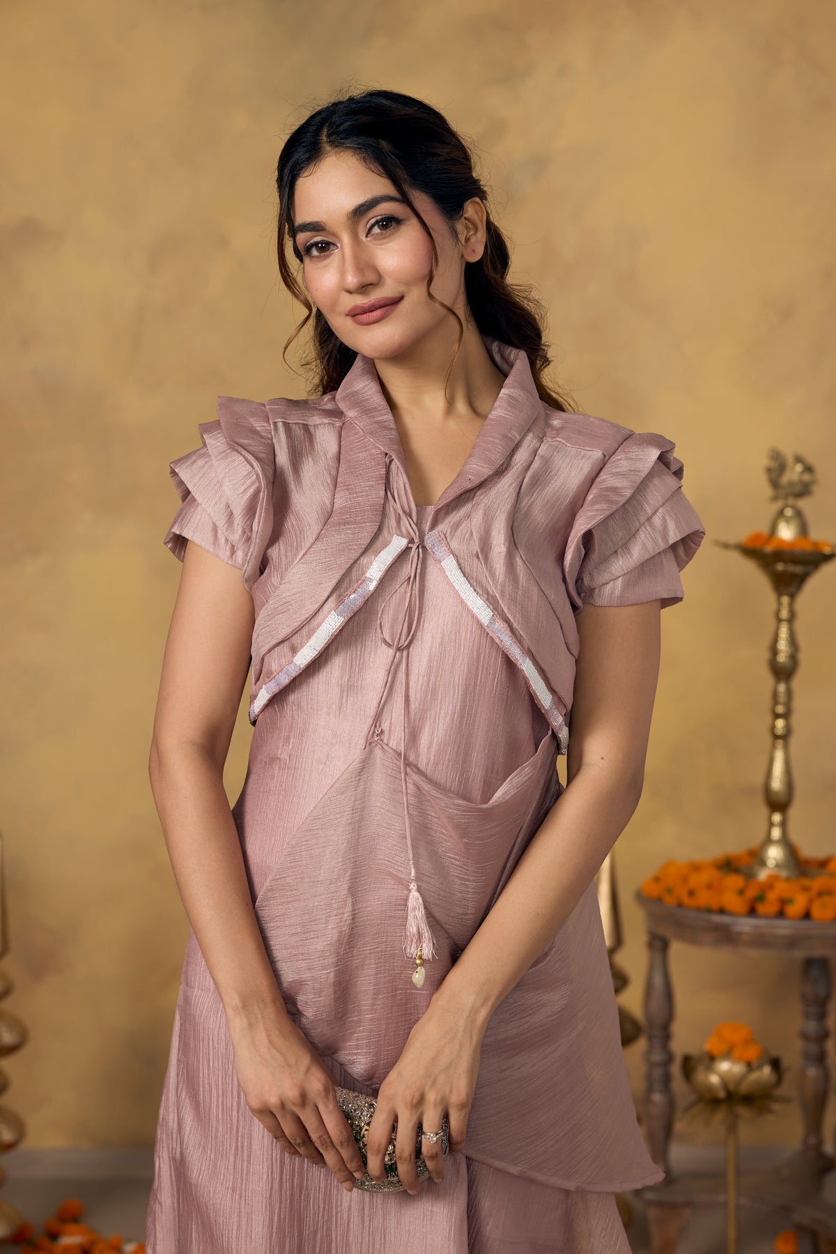Rose Pink Embellished Shimmer Tissue Silk Dress