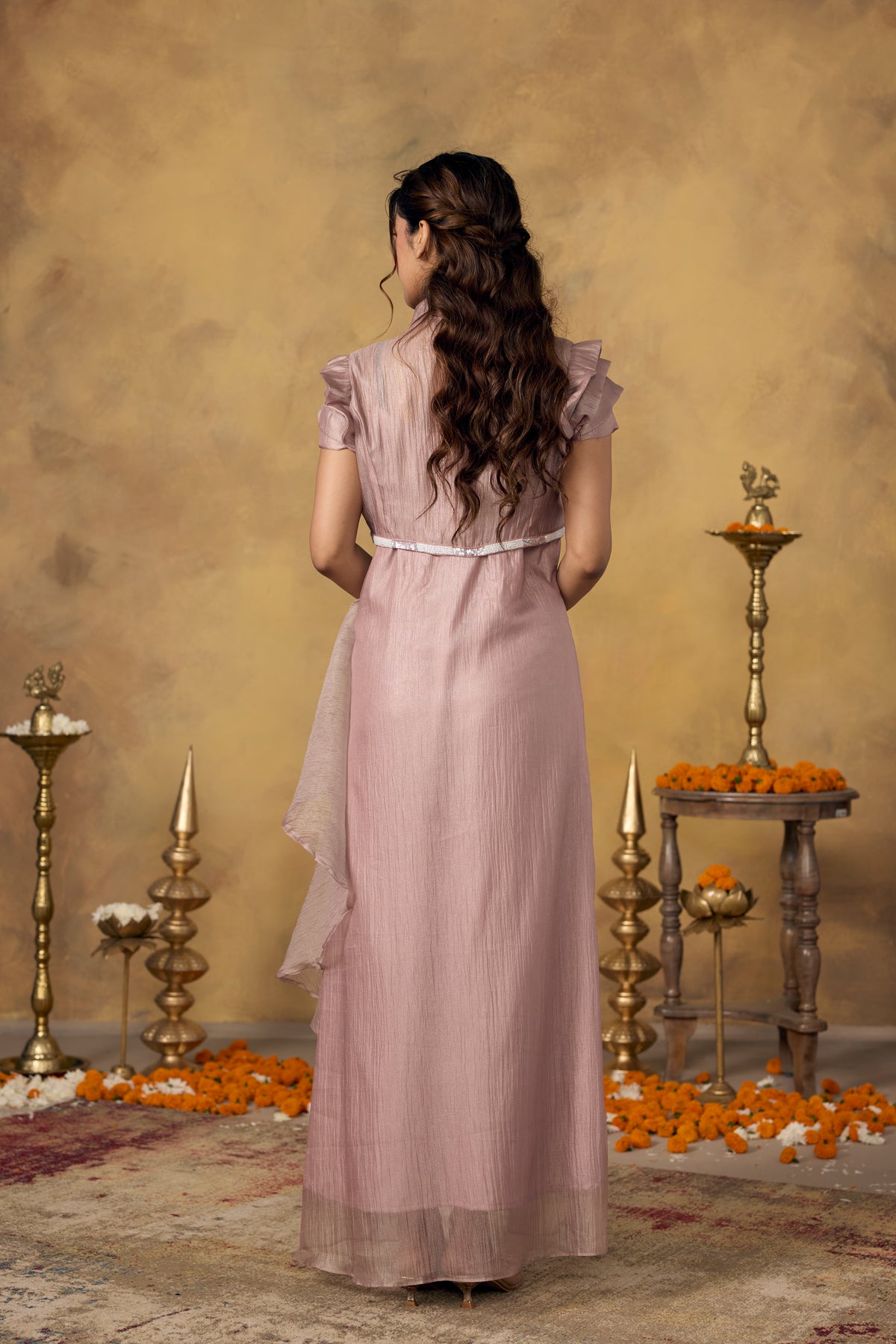 Rose Pink Embellished Shimmer Tissue Silk Dress