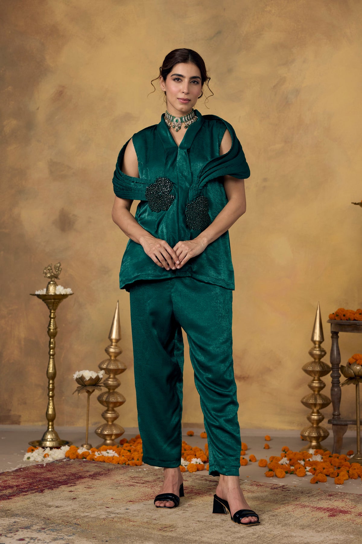 Emerald Green Embellished Premium Silk Co-Ord Set