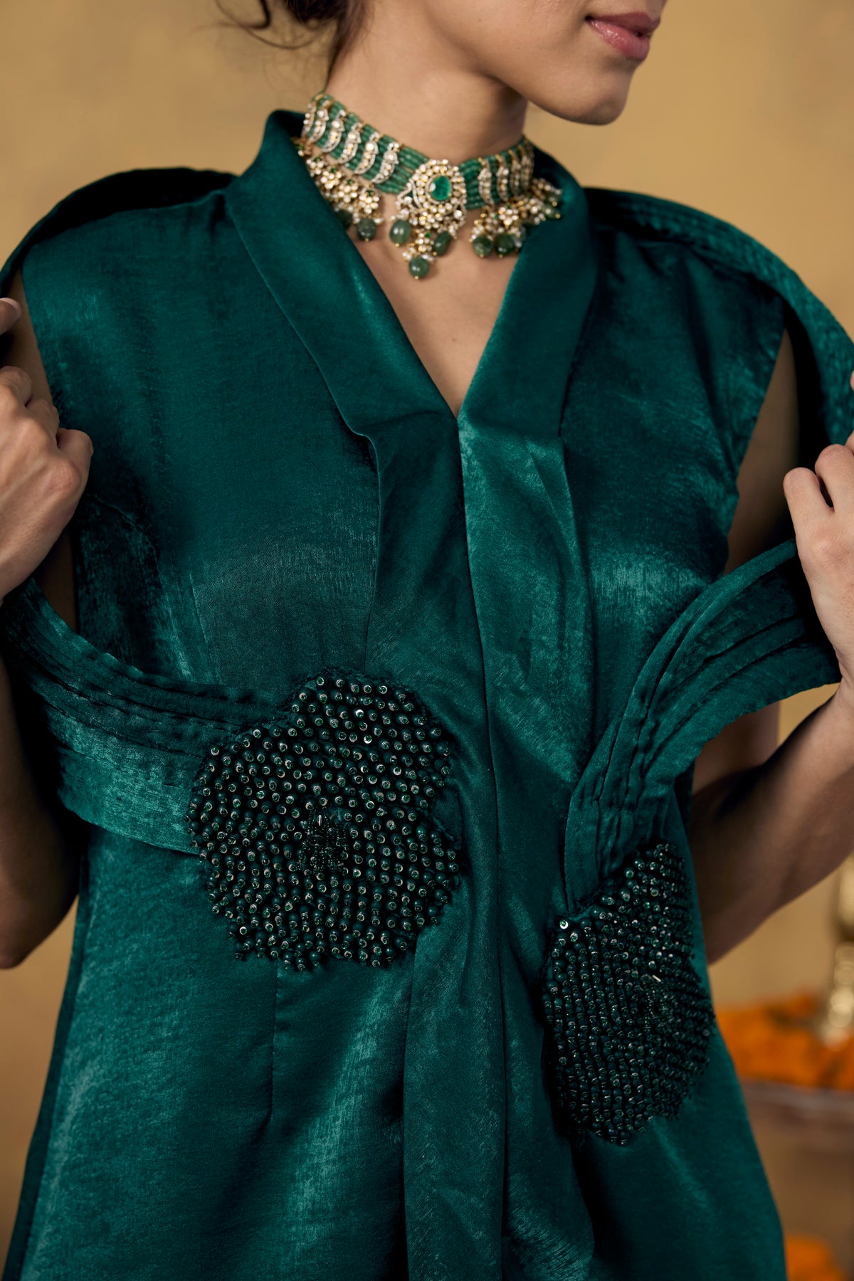 Emerald Green Embellished Premium Silk Co-Ord Set
