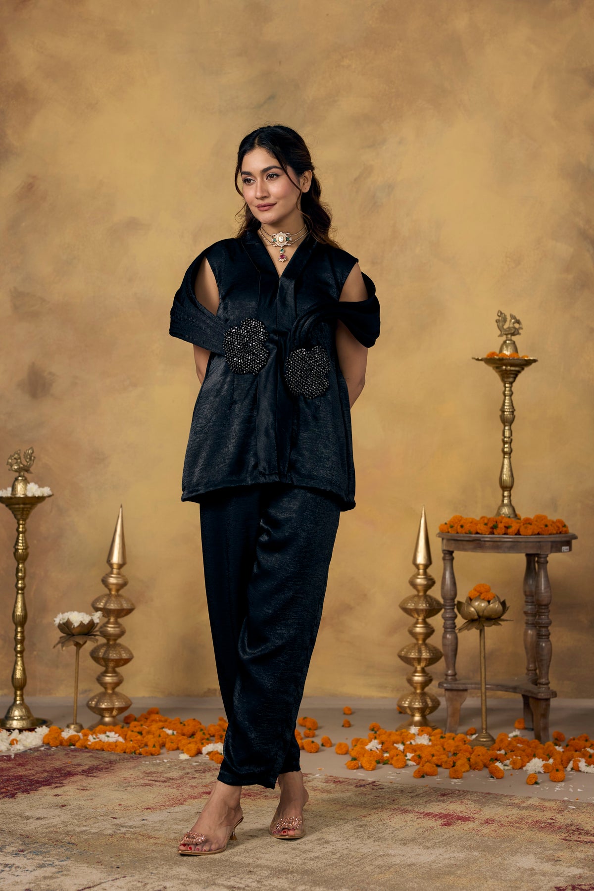 Coal Black Embellished Premium Silk Co-Ord Set