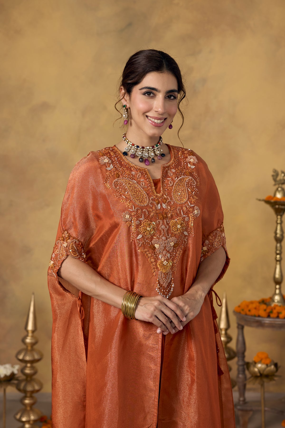 Rust Orange Embellished Shimmer Silk Kaftan Set