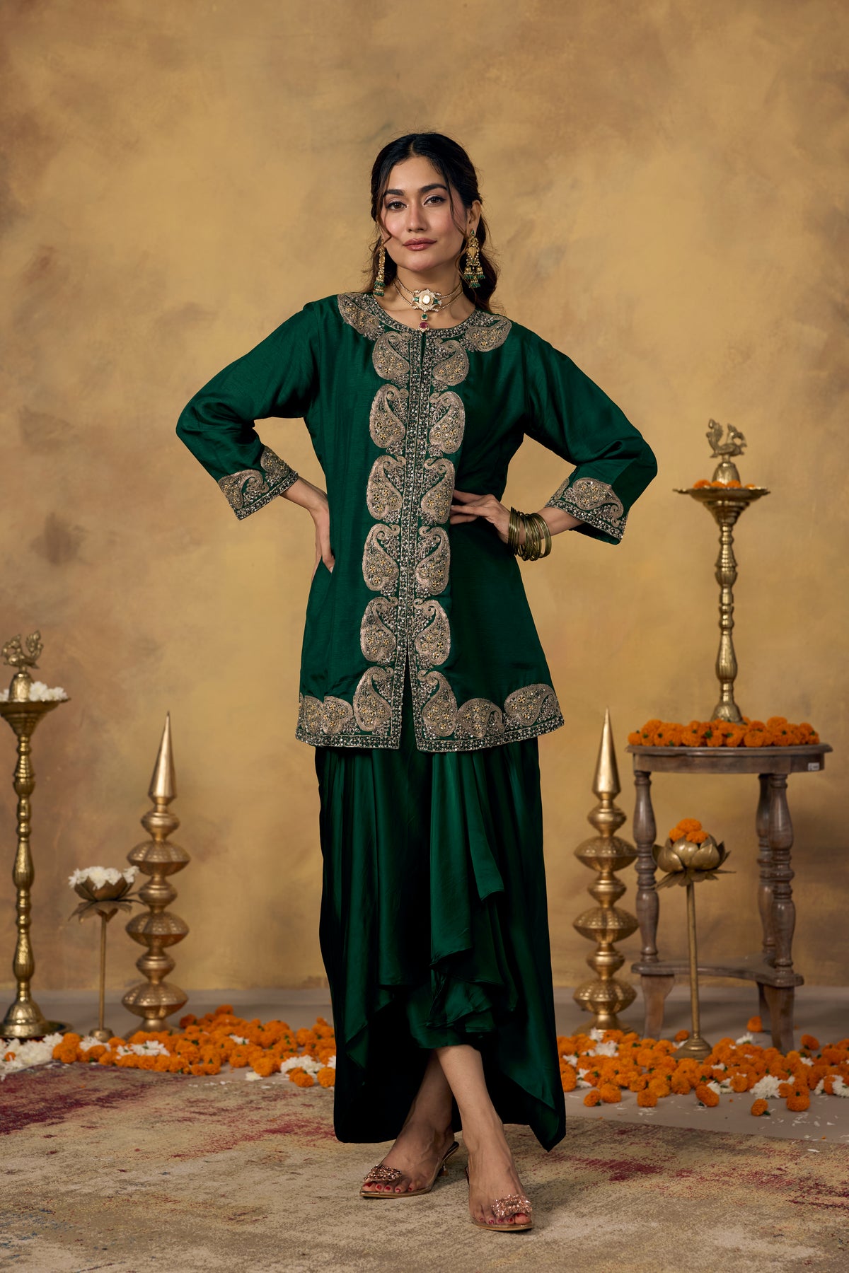 Royal Green Embellished Raw Silk Skirt Set