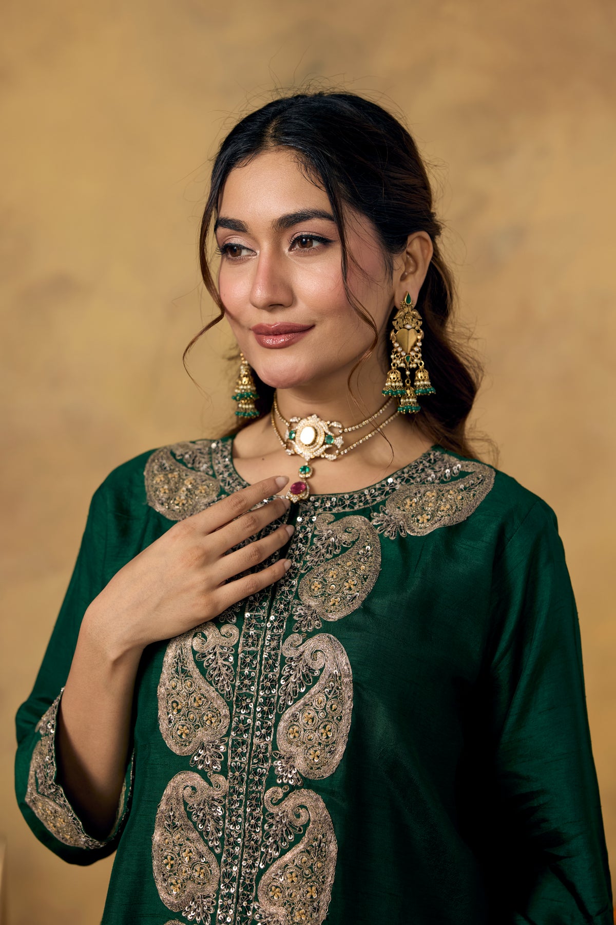 Royal Green Embellished Raw Silk Skirt Set