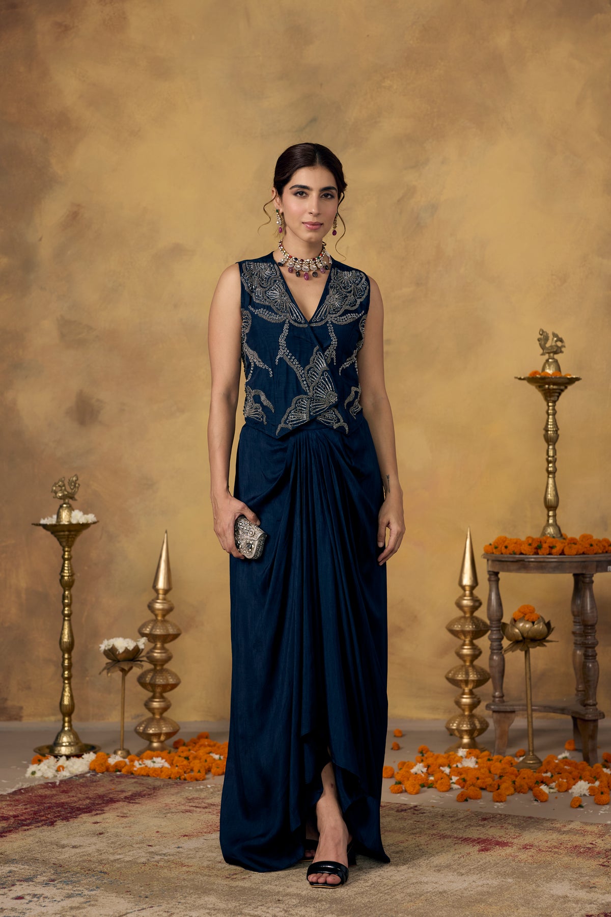 Midnight Blue Embellished Raw Silk Skirt Set