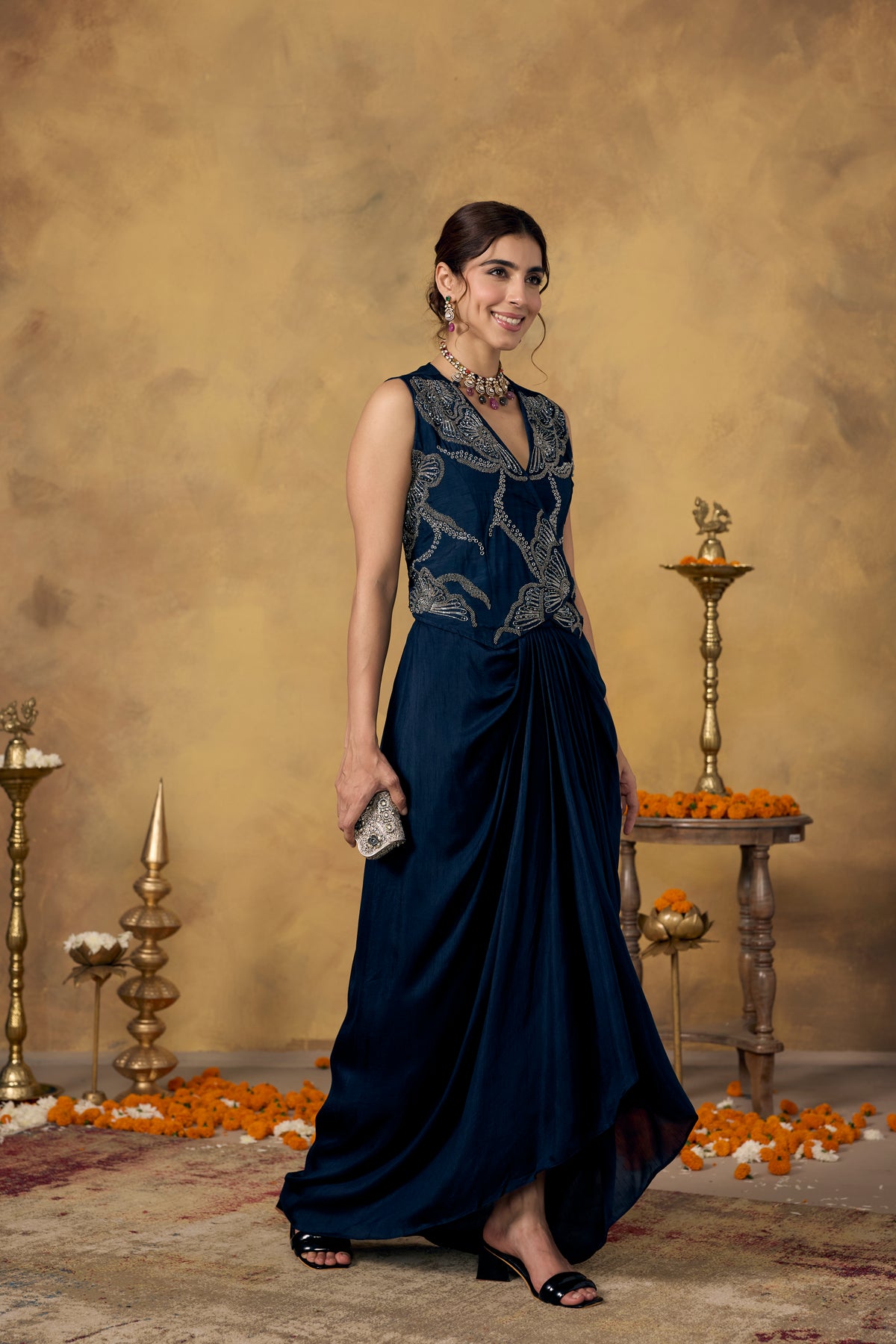 Midnight Blue Embellished Raw Silk Skirt Set