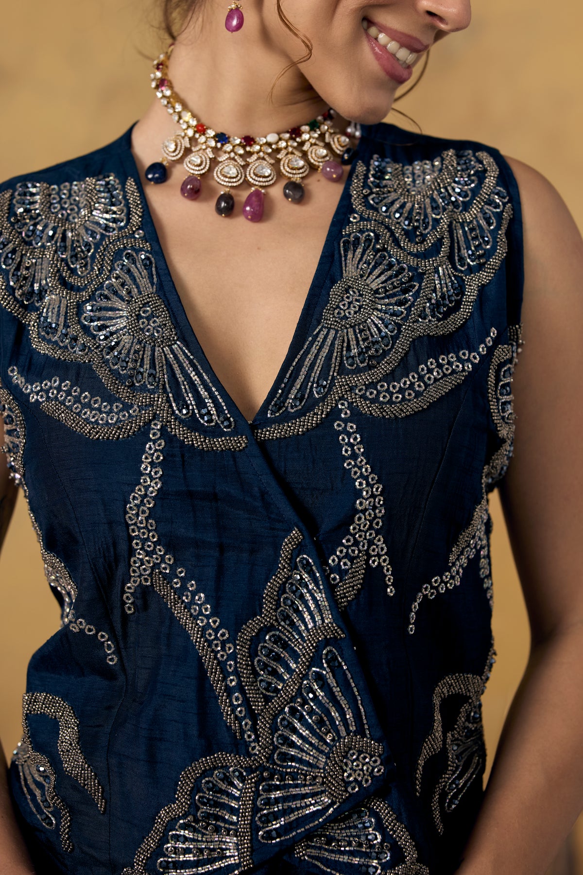Midnight Blue Embellished Raw Silk Skirt Set