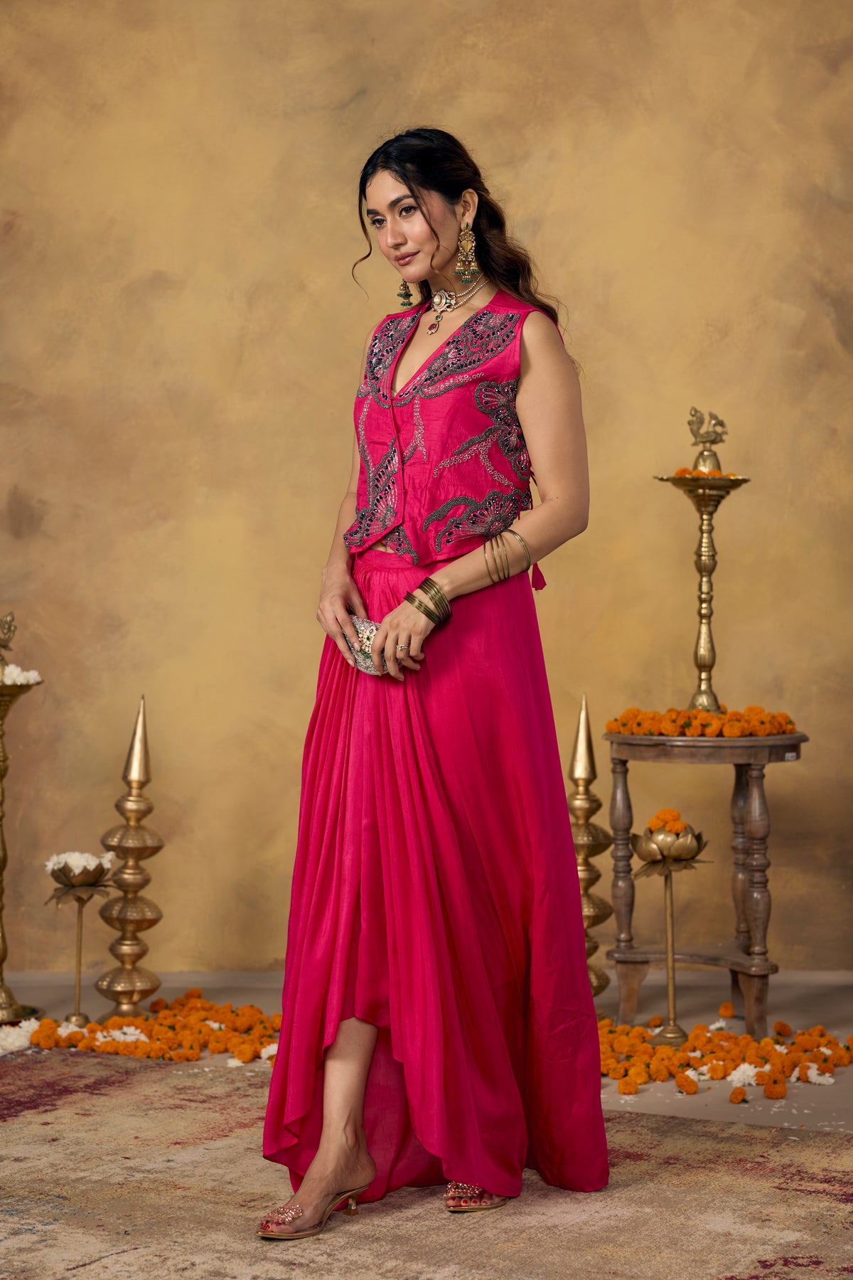 Hot Pink Embellished Raw Silk Skirt Set