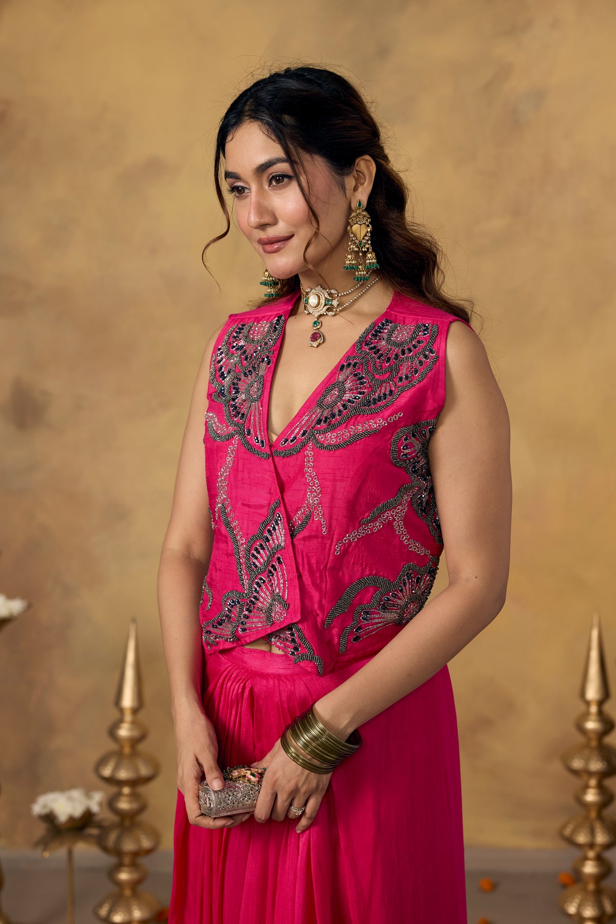 Hot Pink Embellished Raw Silk Skirt Set
