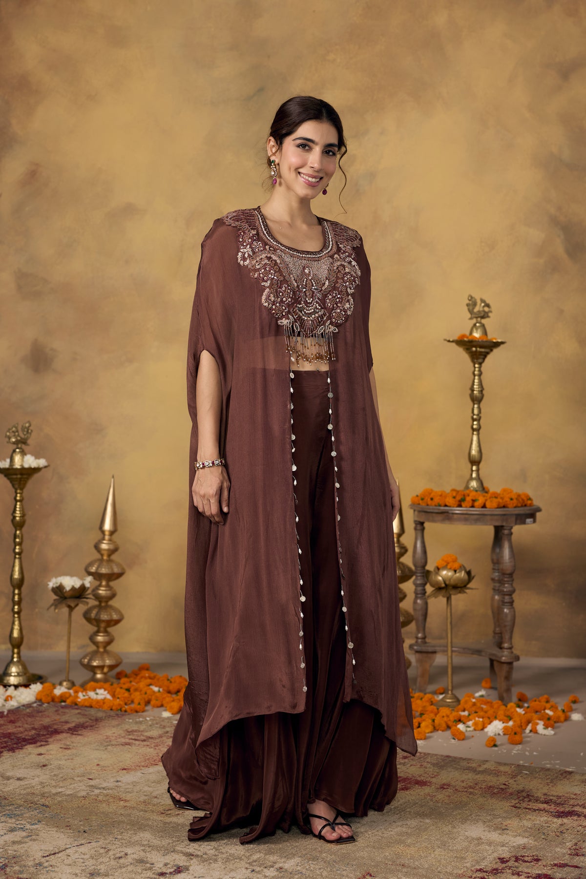 Chocolate Brown Embellished Chinon Silk Kaftan Set