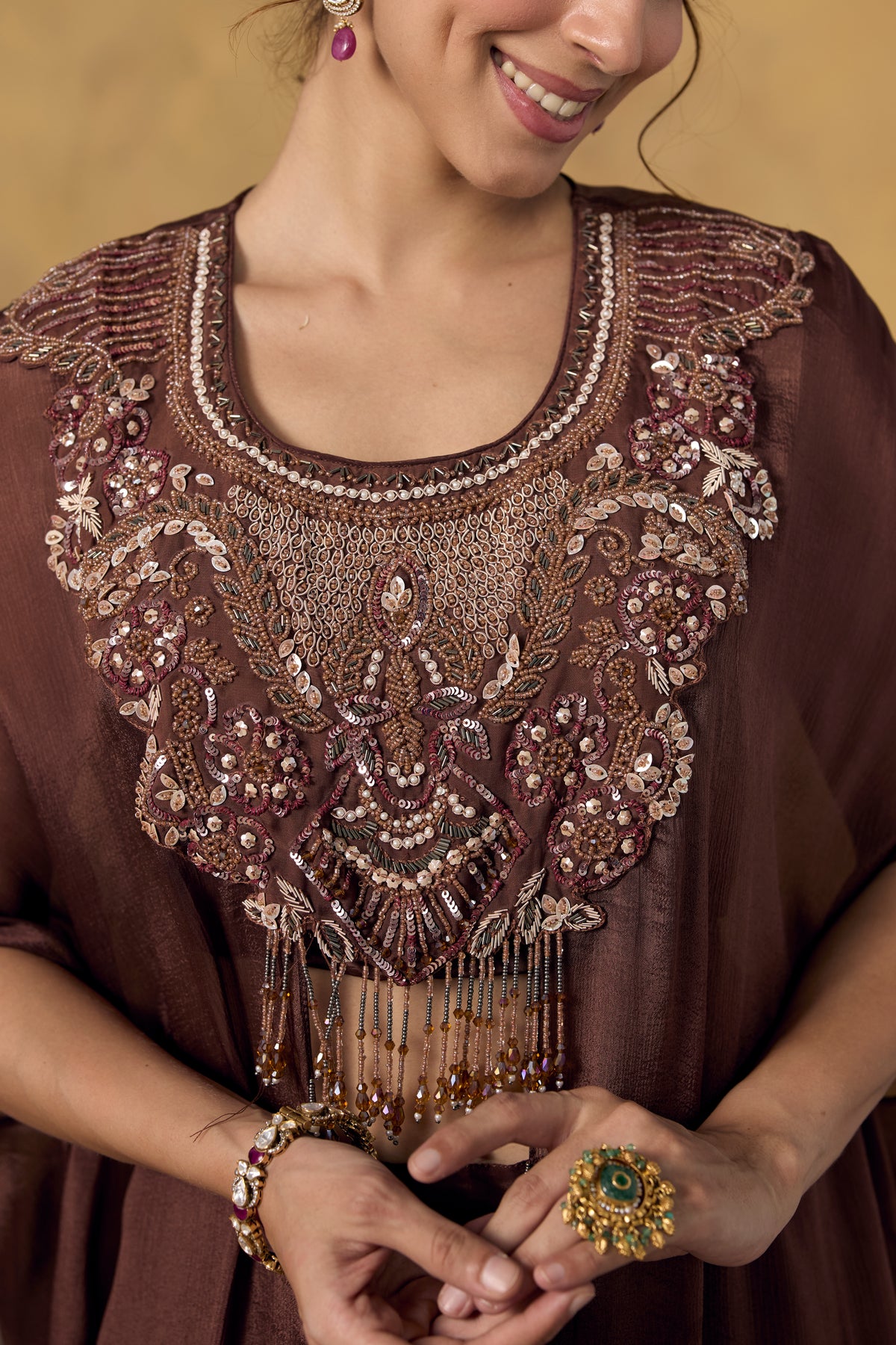 Chocolate Brown Embellished Chinon Silk Kaftan Set