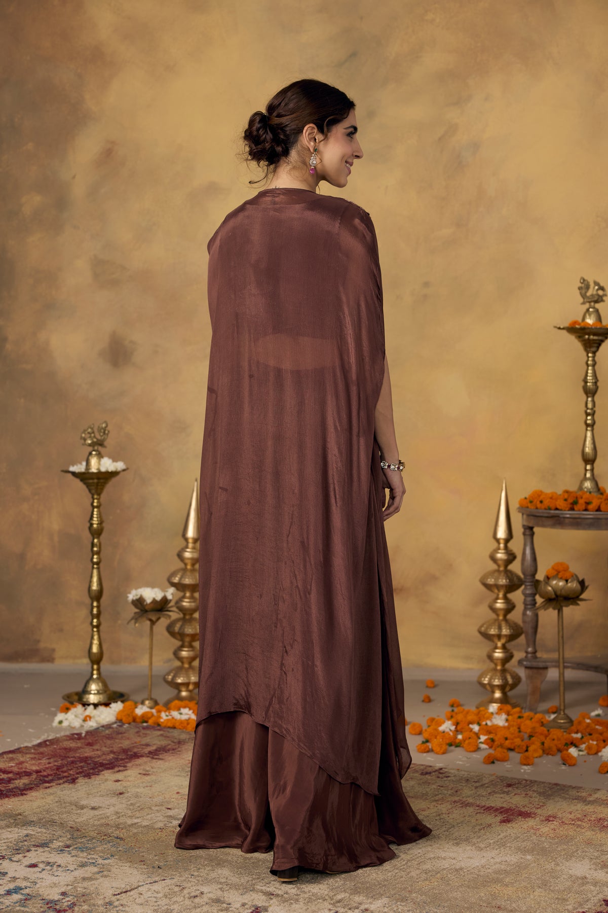 Chocolate Brown Embellished Chinon Silk Kaftan Set