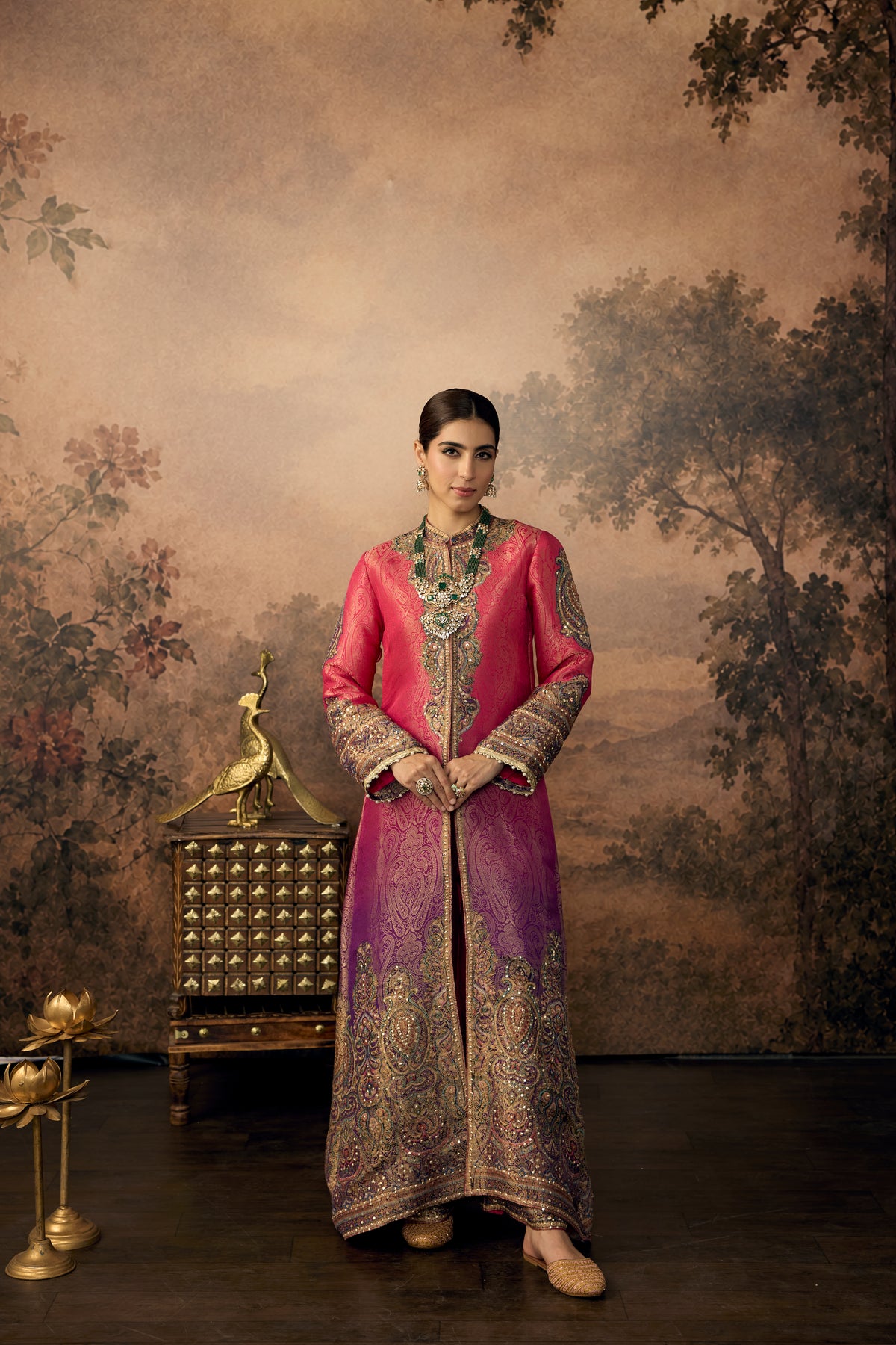 Ombre Pink Embellished Banarasi Brocade Silk Pant Set