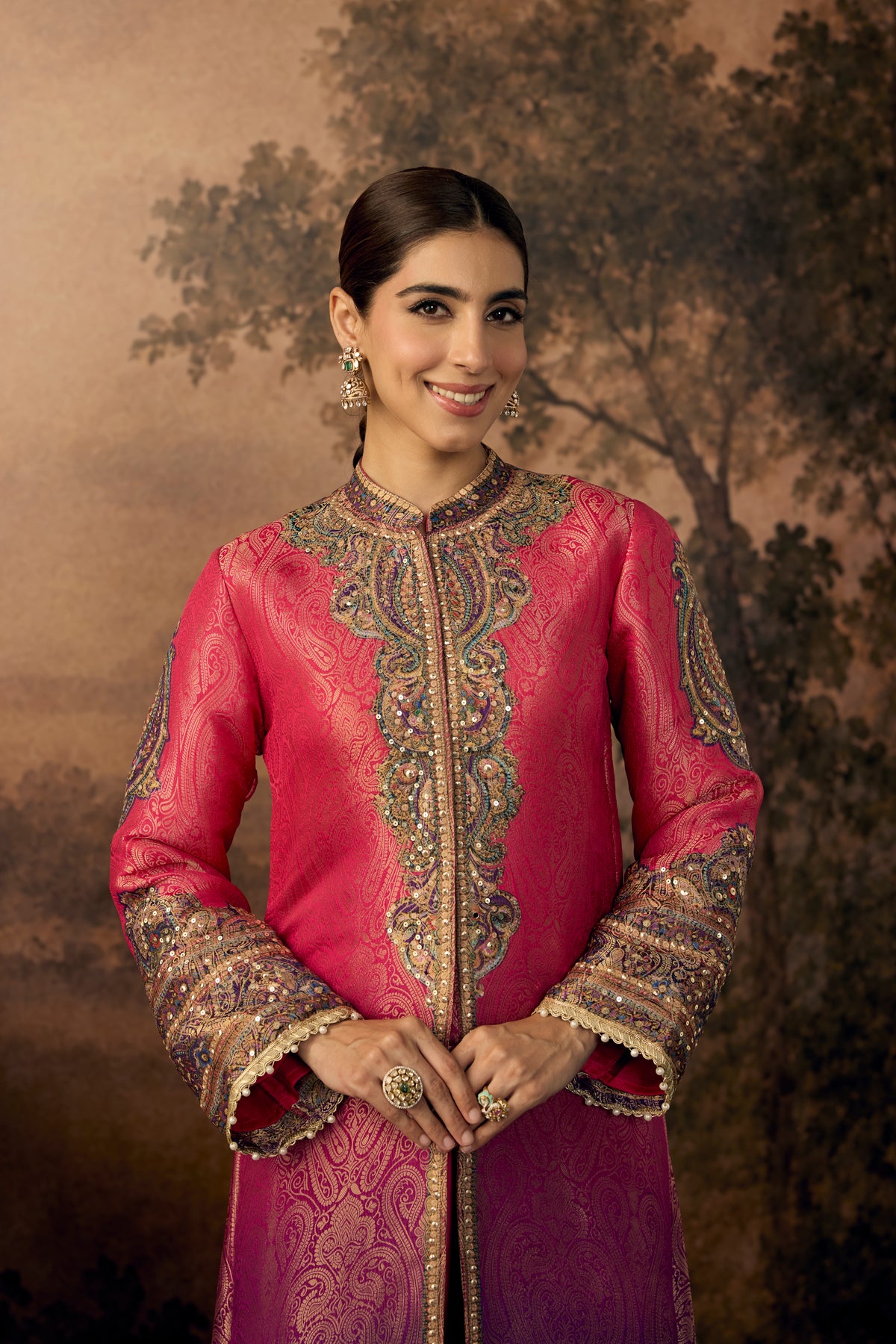 Ombre Pink Embellished Banarasi Brocade Silk Pant Set