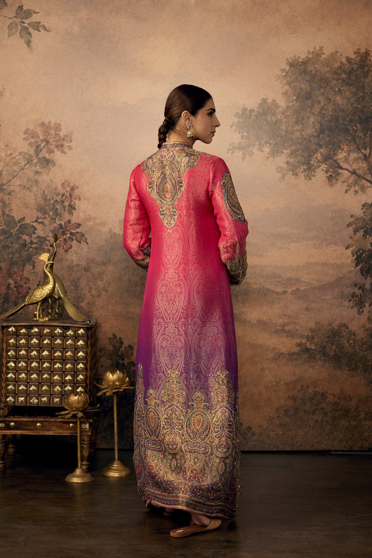 Ombre Pink Embellished Banarasi Brocade Silk Pant Set