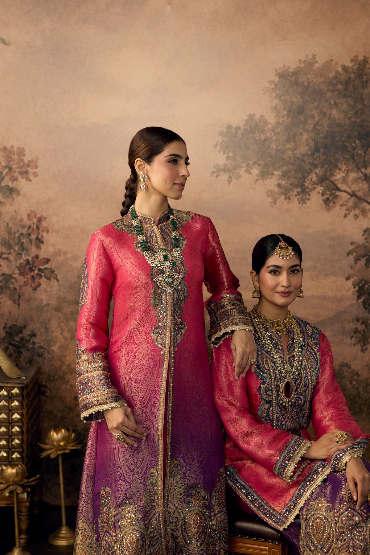 Ombre Pink Embellished Banarasi Brocade Silk Pant Set