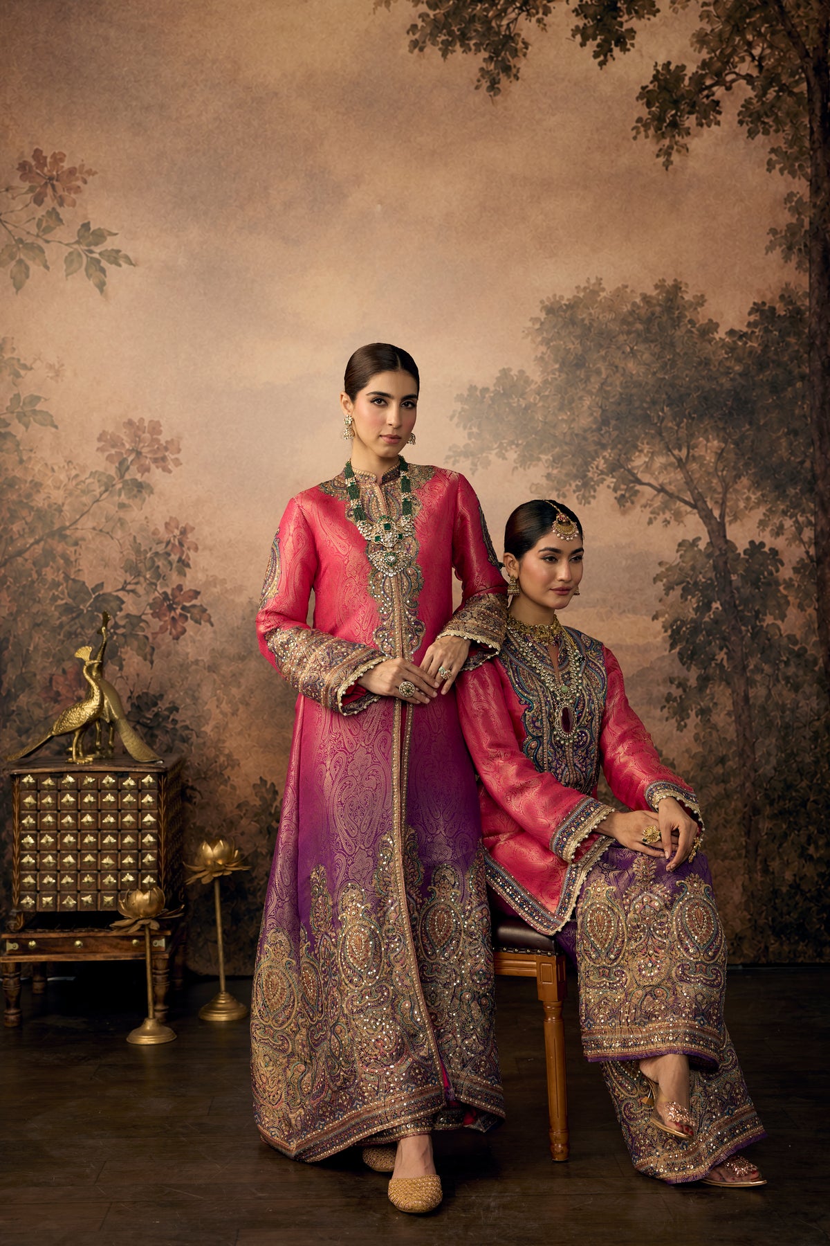Ombre Pink Embellished Banarasi Brocade Silk Pant Set